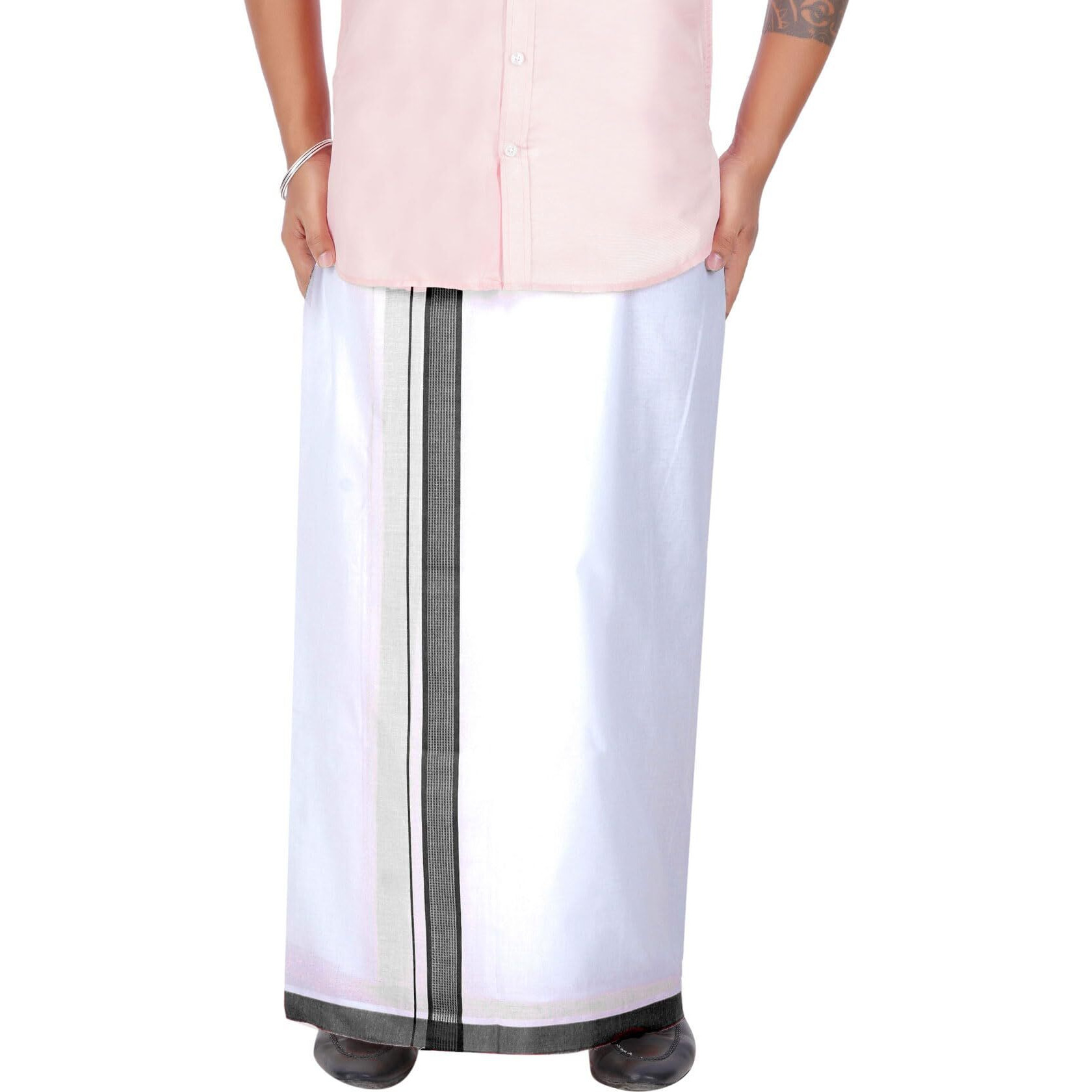 Prakasam Cotton Men's Double White Dhoti With Dobby Design Border (1.30 X 3.60 Meter)
