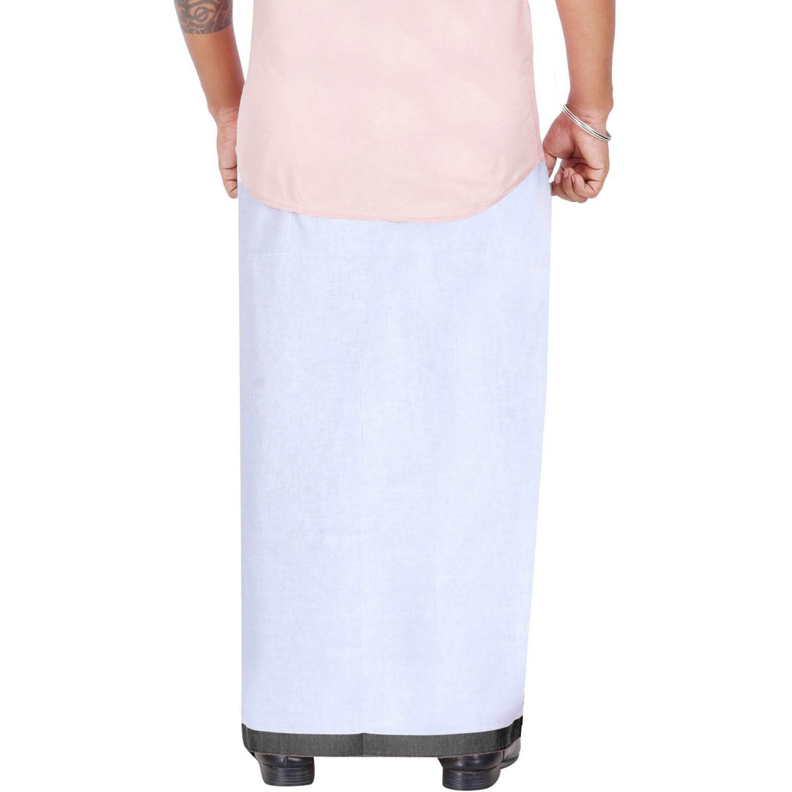 Prakasam Cotton Men's Double White Dhoti With Dobby Design Border (1.30 X 3.60 Meter)