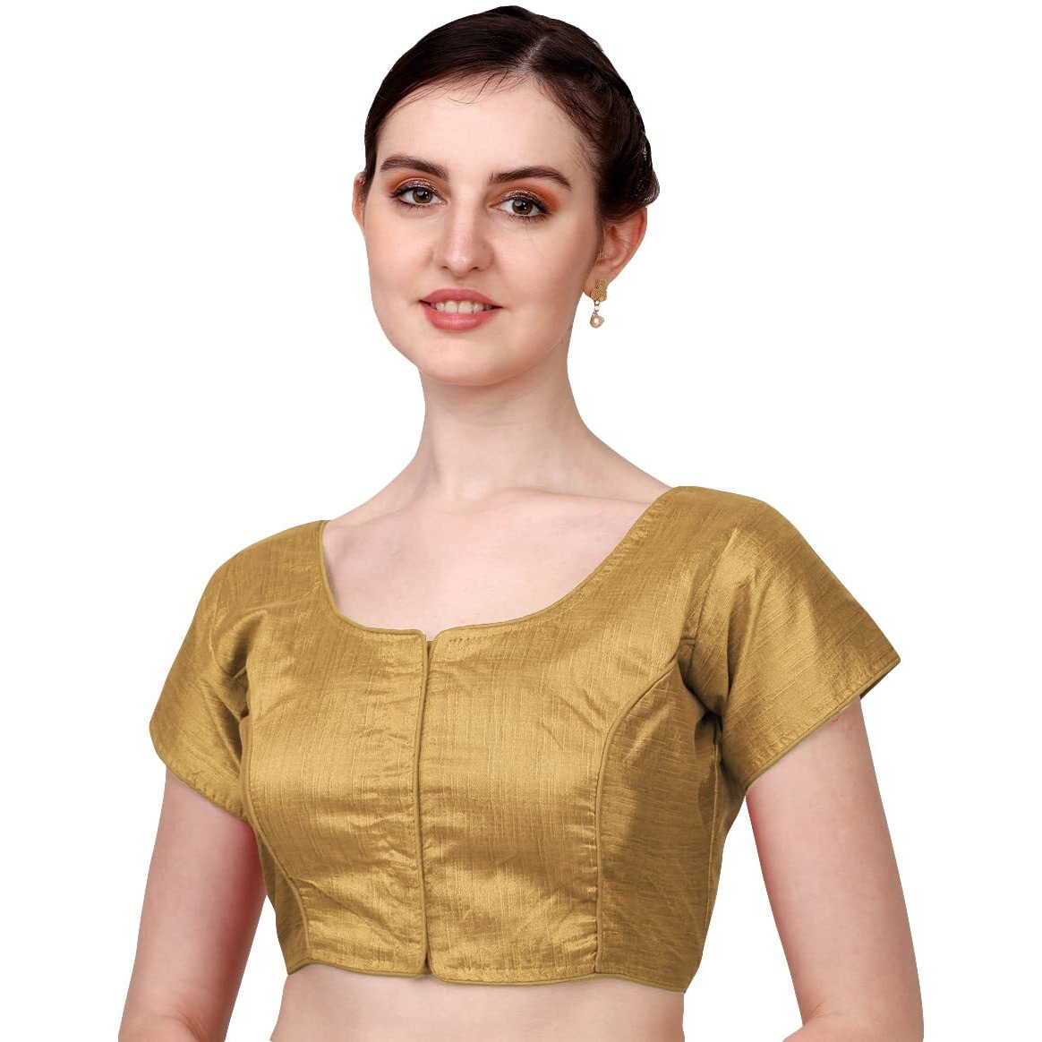 Pujia Mills Women's Silk Solid Short Sleeve Blouse (Kajal 3 Blouse_Gold_38)