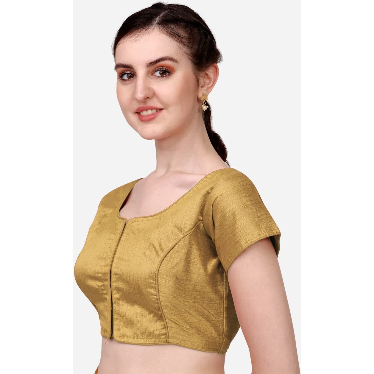 Pujia Mills Women's Silk Solid Short Sleeve Blouse (Kajal 3 Blouse_Gold_38)