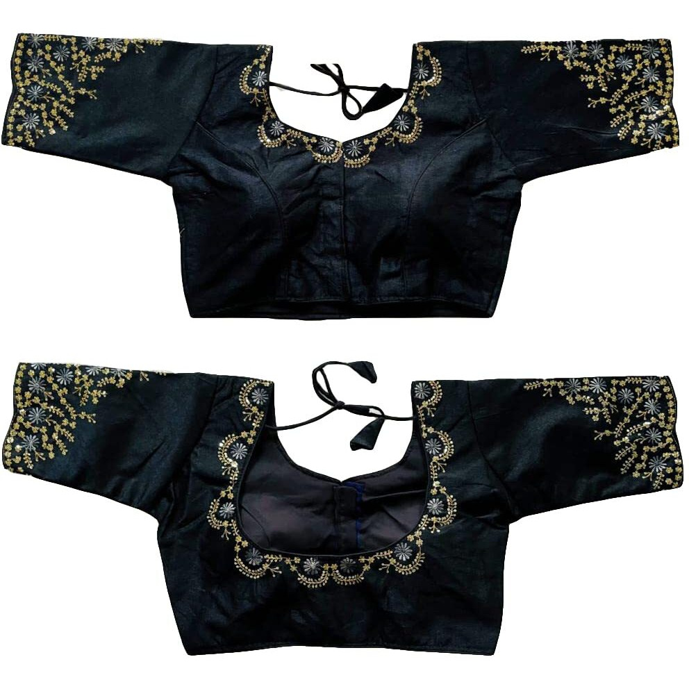 Pujia Mills Women's Embroidery Sequence Work Readymade Blouse (Fly_Black_38)