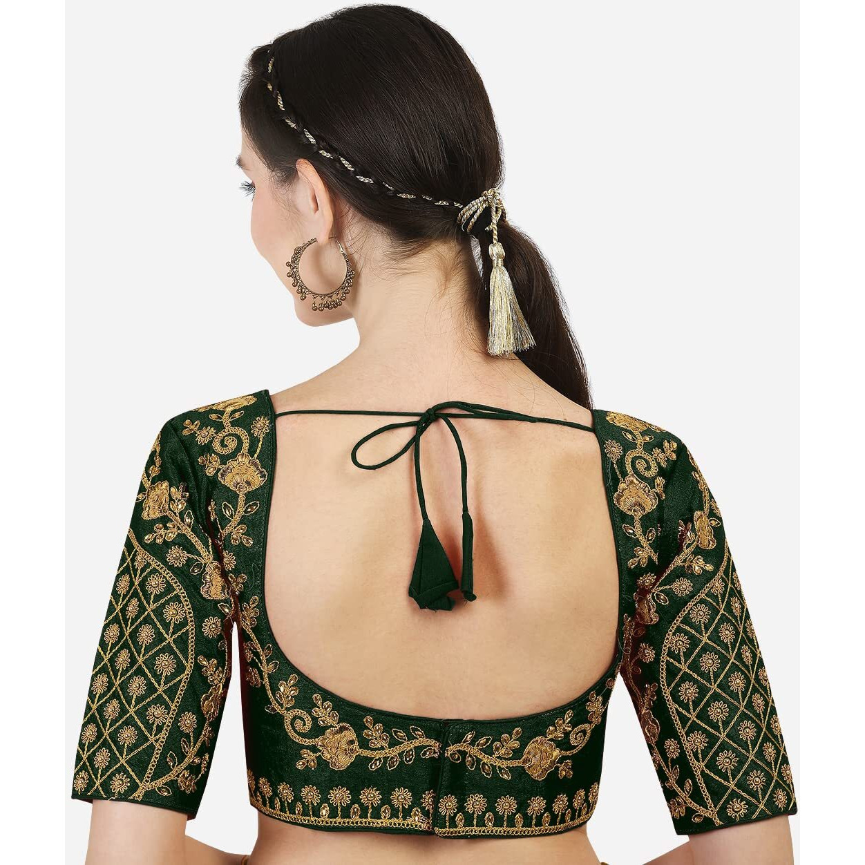 Pujia Mills Women's Phantom Silk Floral Half Sleeve Saree Blouse (Floral Blouse Variation_Green_38 Size+Margin)