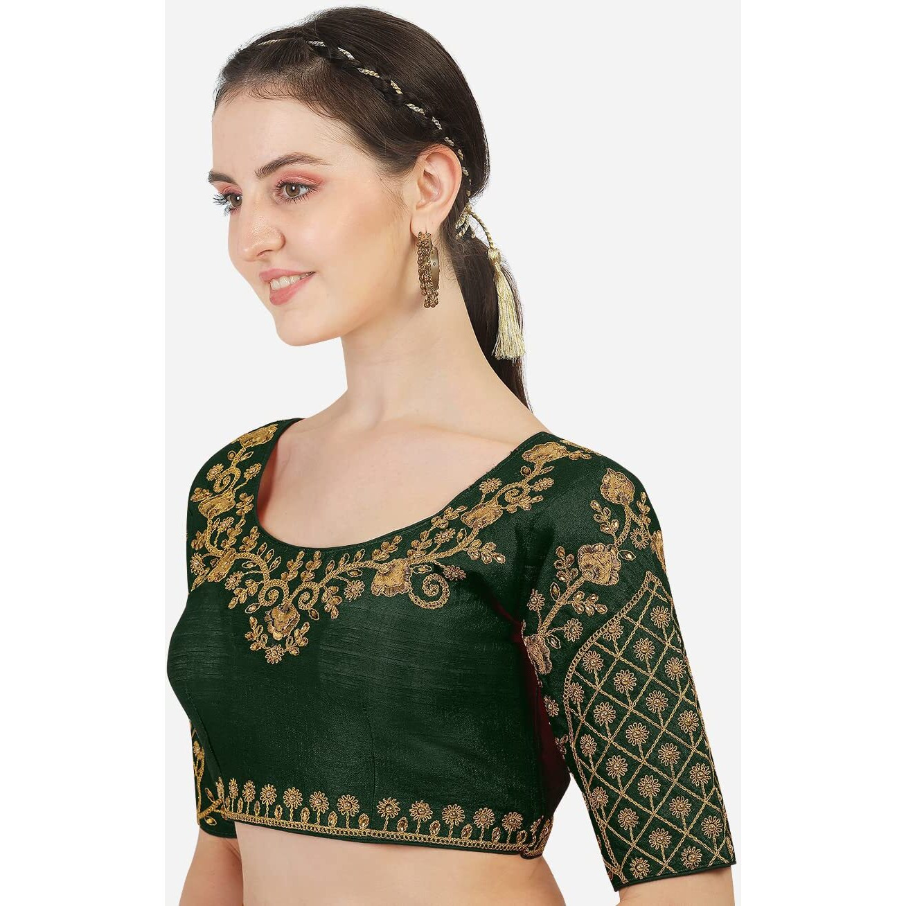 Pujia Mills Women's Phantom Silk Floral Half Sleeve Saree Blouse (Floral Blouse Variation_Green_38 Size+Margin)