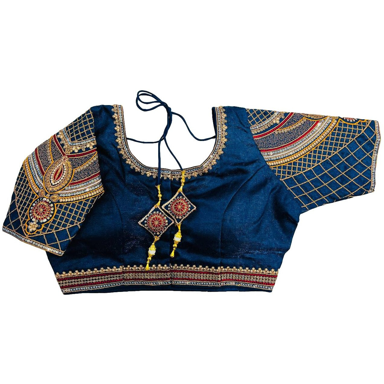 Pujia Mills Women's Milan Silk Copper Zari Codding Embroidery With Sequins Work Saree Blouse(Vardha Navy Blue)