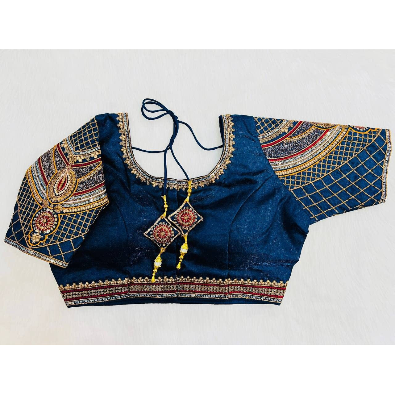 Pujia Mills Women's Milan Silk Copper Zari Codding Embroidery With Sequins Work Saree Blouse(Vardha Navy Blue)