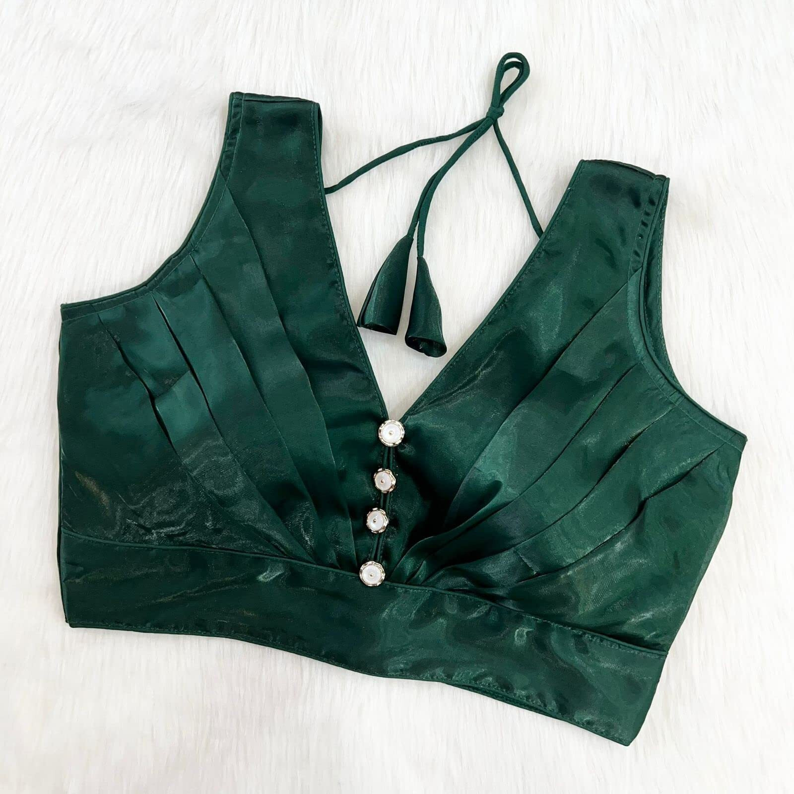 Pujia Mills Women's Rafale Silk Sleeveless Platted V Neck Blouse(Vihas Green 38)