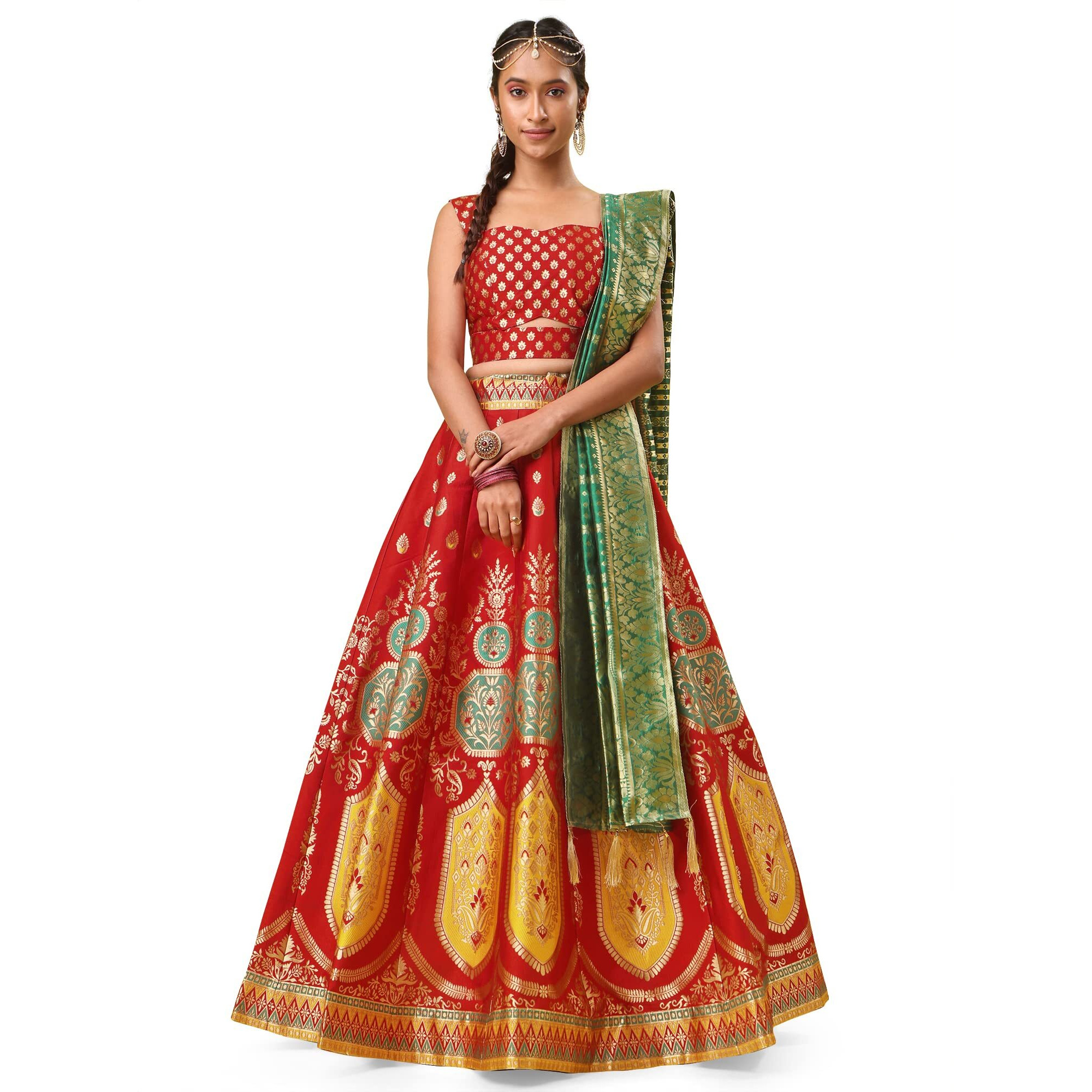 Purvaja Women's Jacquard Semi-Stitched Lehenga Choli (Khwab-Red_Red_Free Size)