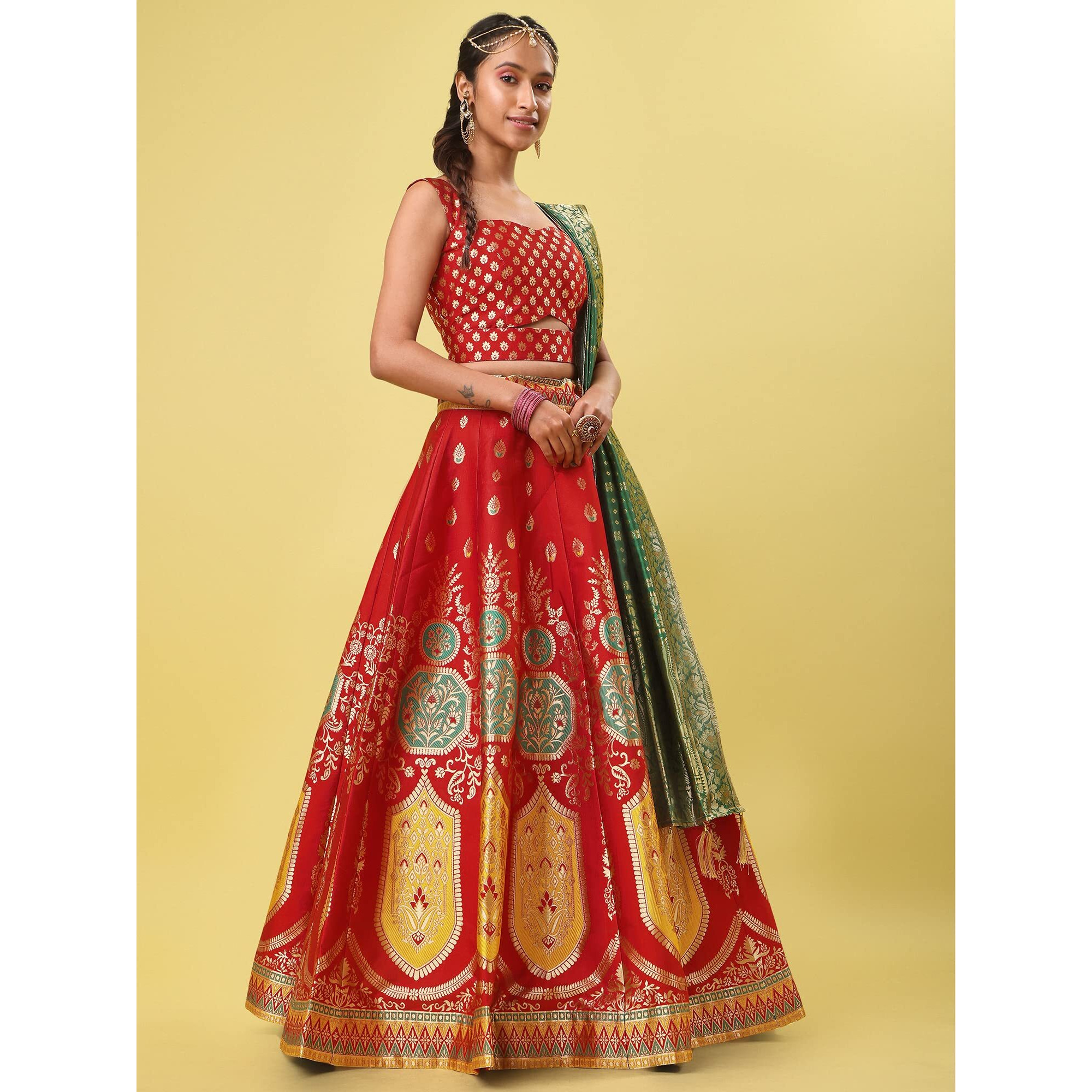 Purvaja Women's Jacquard Semi-Stitched Lehenga Choli (Khwab-Red_Red_Free Size)