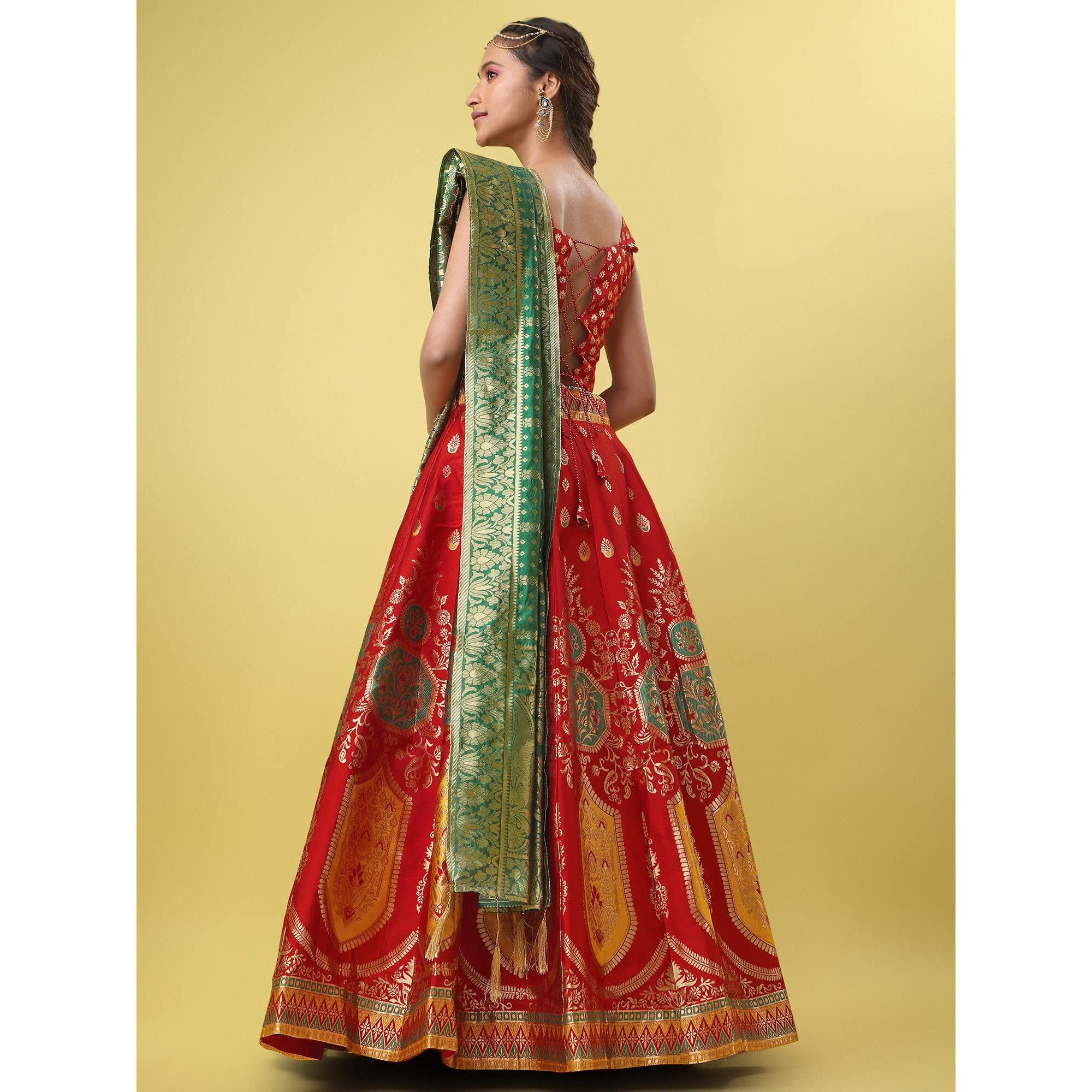 Purvaja Women's Jacquard Semi-Stitched Lehenga Choli (Khwab-Red_Red_Free Size)