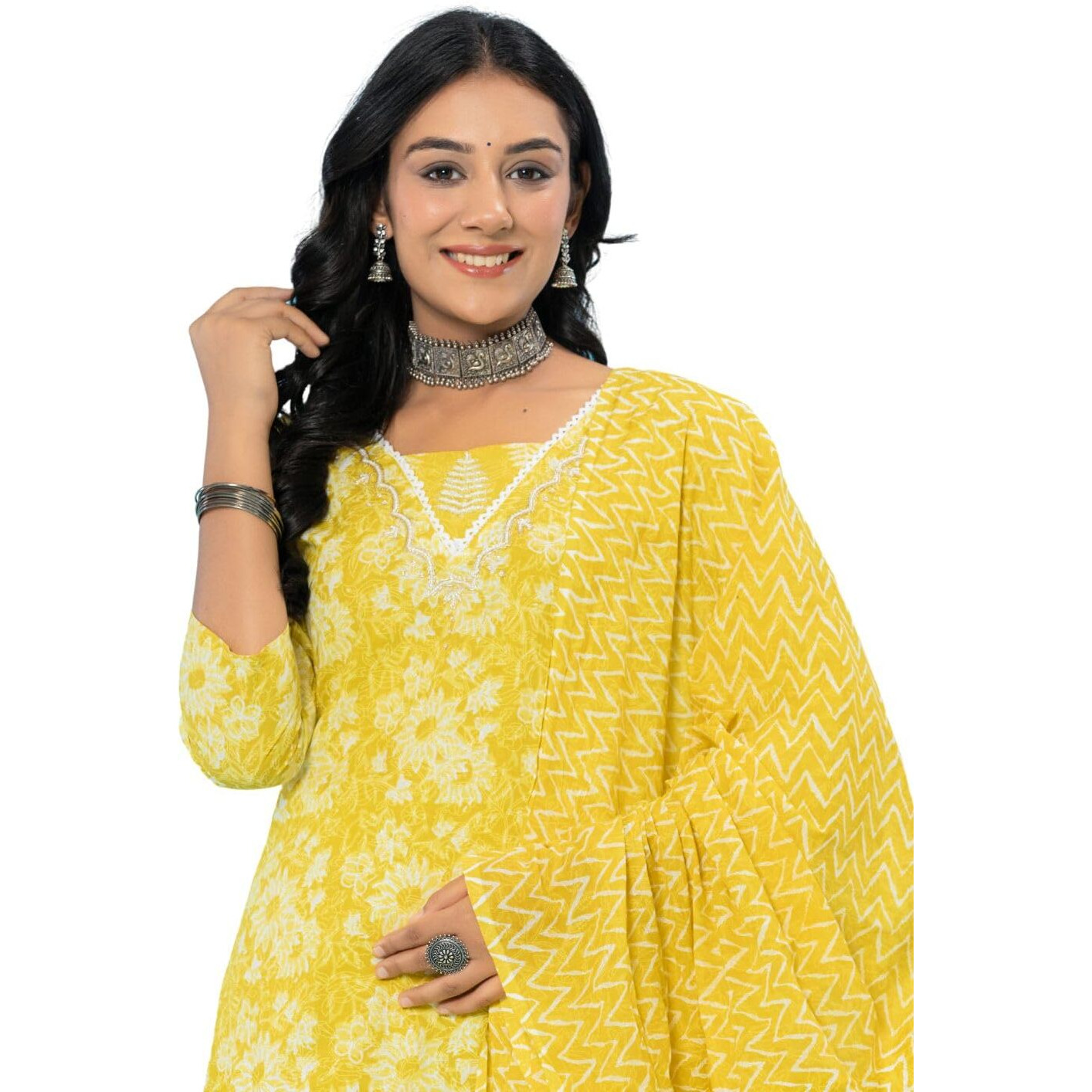 Rytras Women's Cotton Printed Straight Kurta With Pant And Dupatta(Ryt569,Yellow,M)