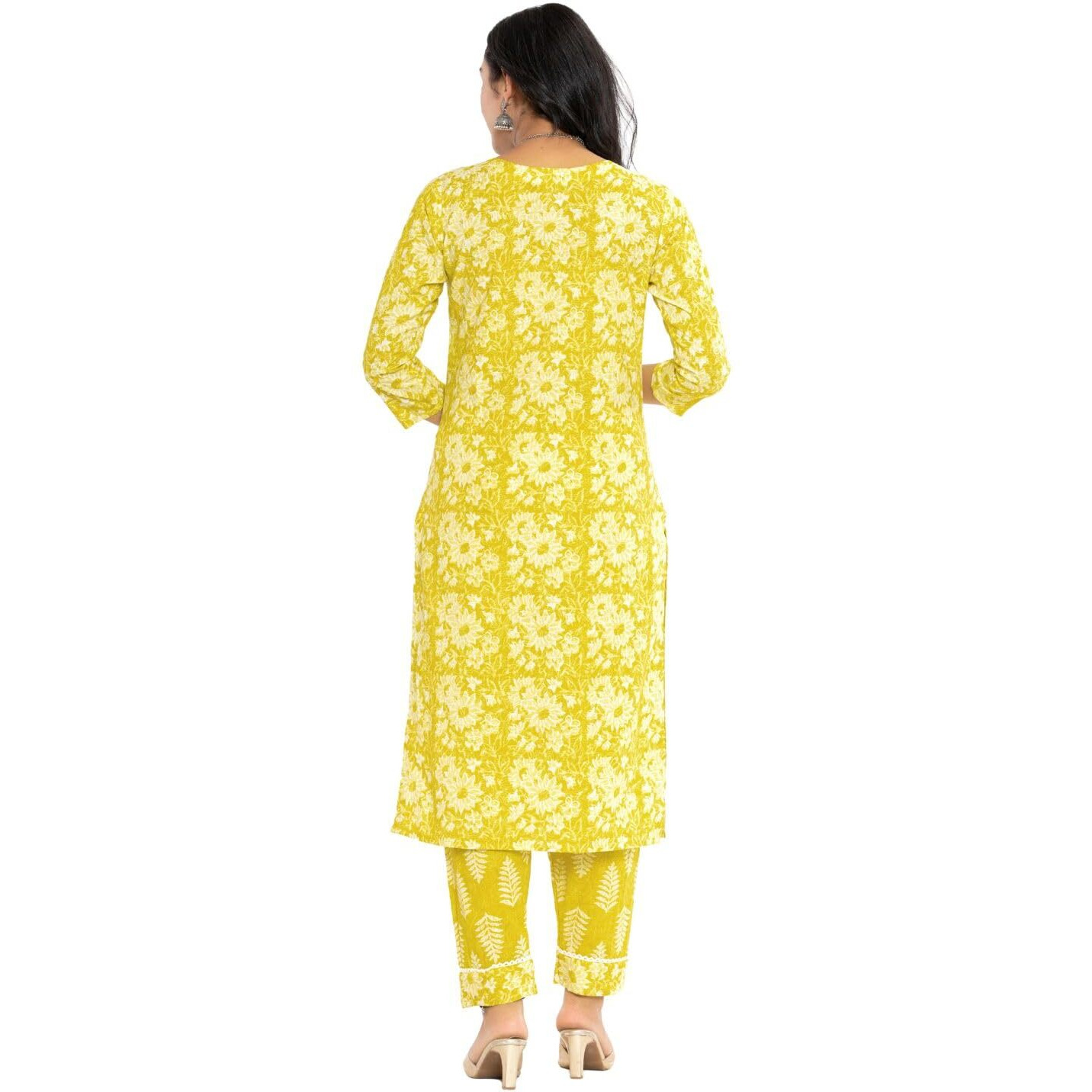 Rytras Women's Cotton Printed Straight Kurta With Pant And Dupatta(Ryt569,Yellow,M)