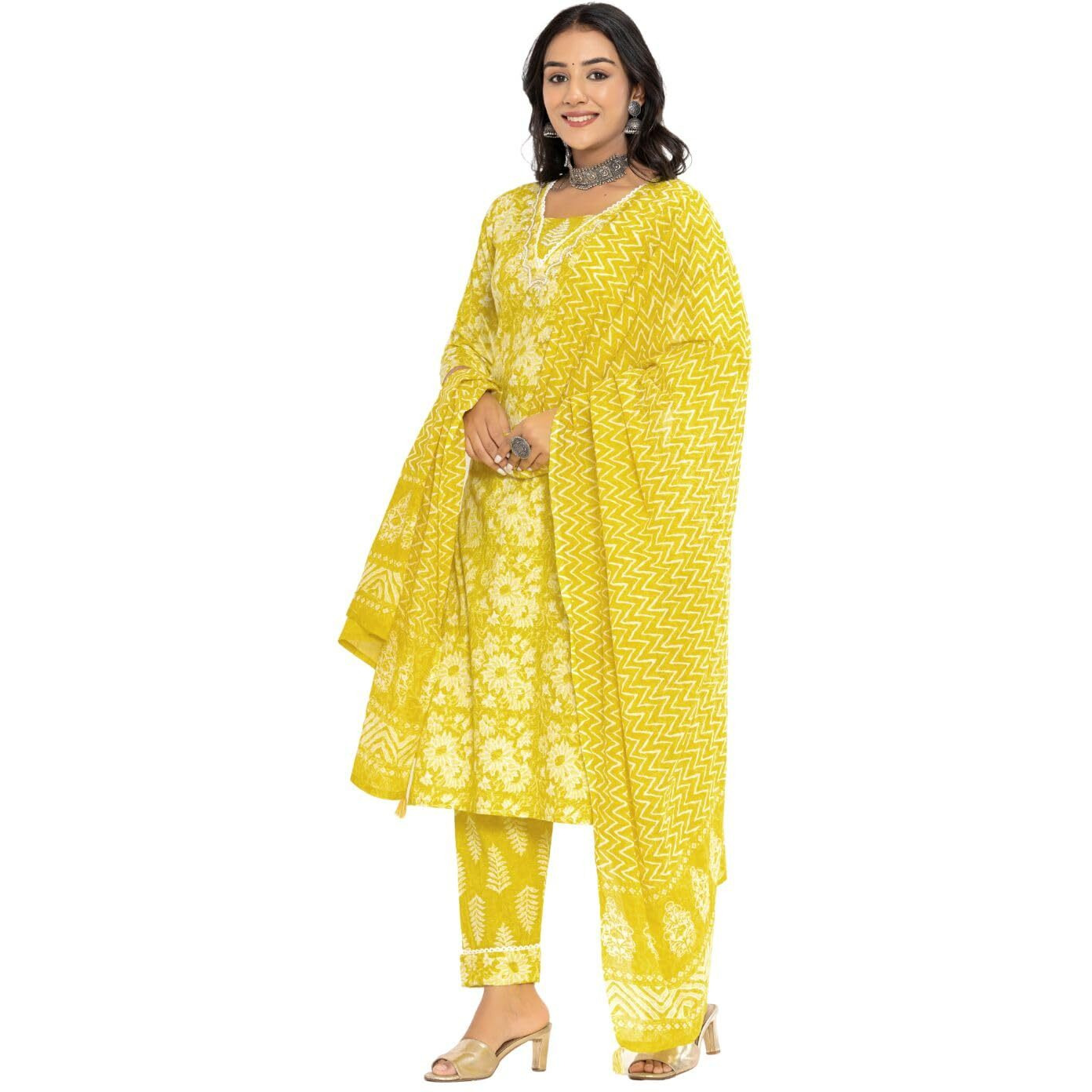 Rytras Women's Cotton Printed Straight Kurta With Pant And Dupatta(Ryt569,Yellow,M)