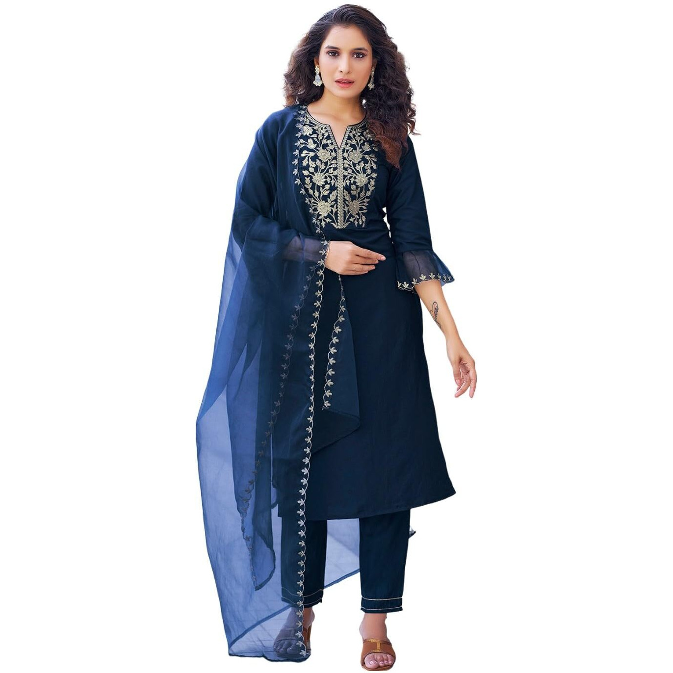 Sanisa Women's Chinnon & Organza Embroidery Straight Kurta With Pant And Embroidery Dupatta (38Kbd478Nz-S_Navy Blue)