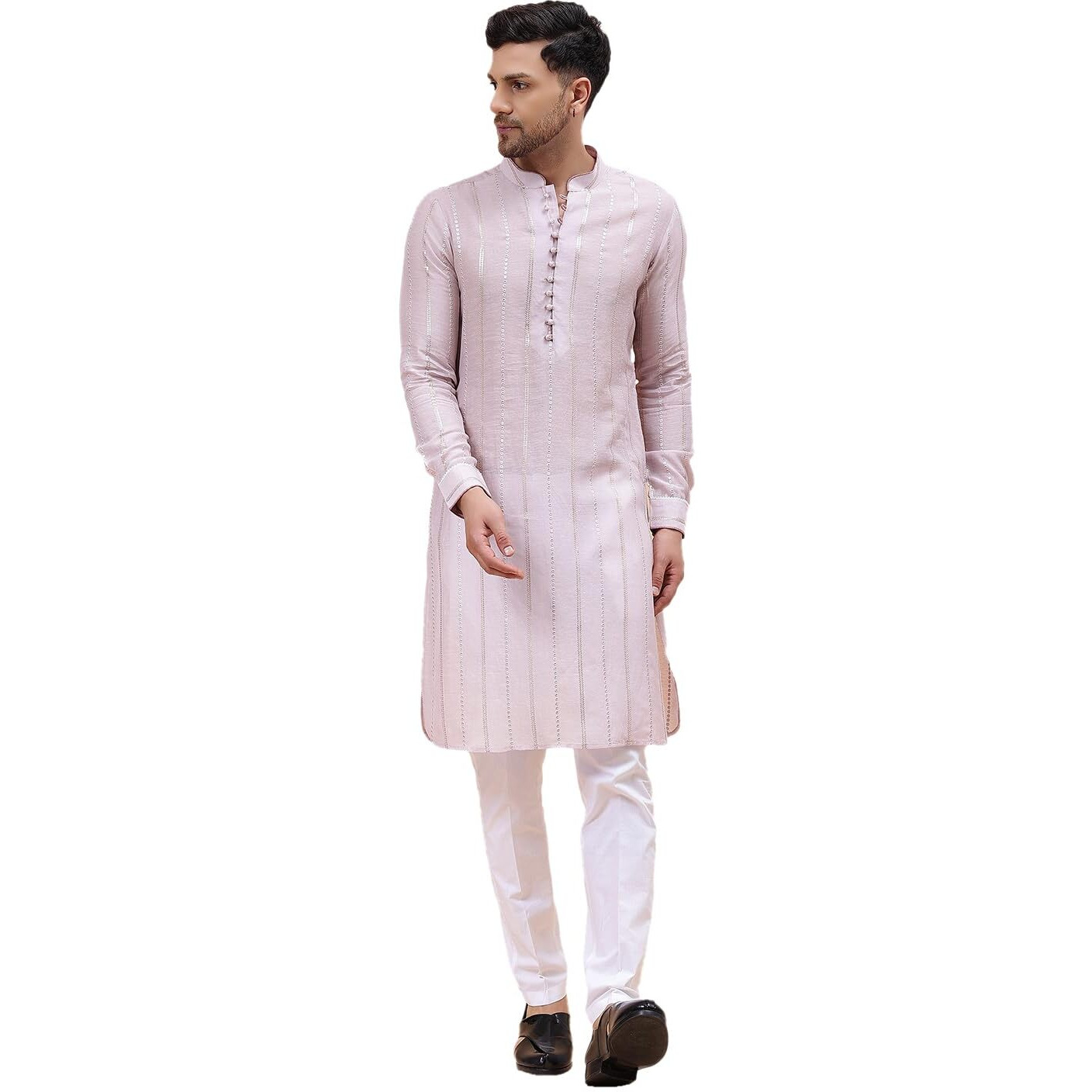 See Designs Men's Pink Zari Wark Silk Woven Design Staright Kurta Set With Pajama_Sdskt128301M