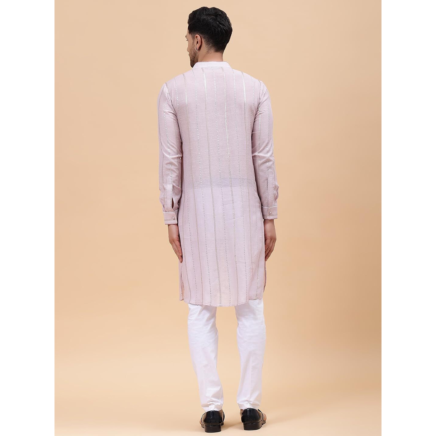 See Designs Men's Pink Zari Wark Silk Woven Design Staright Kurta Set With Pajama_Sdskt128301M