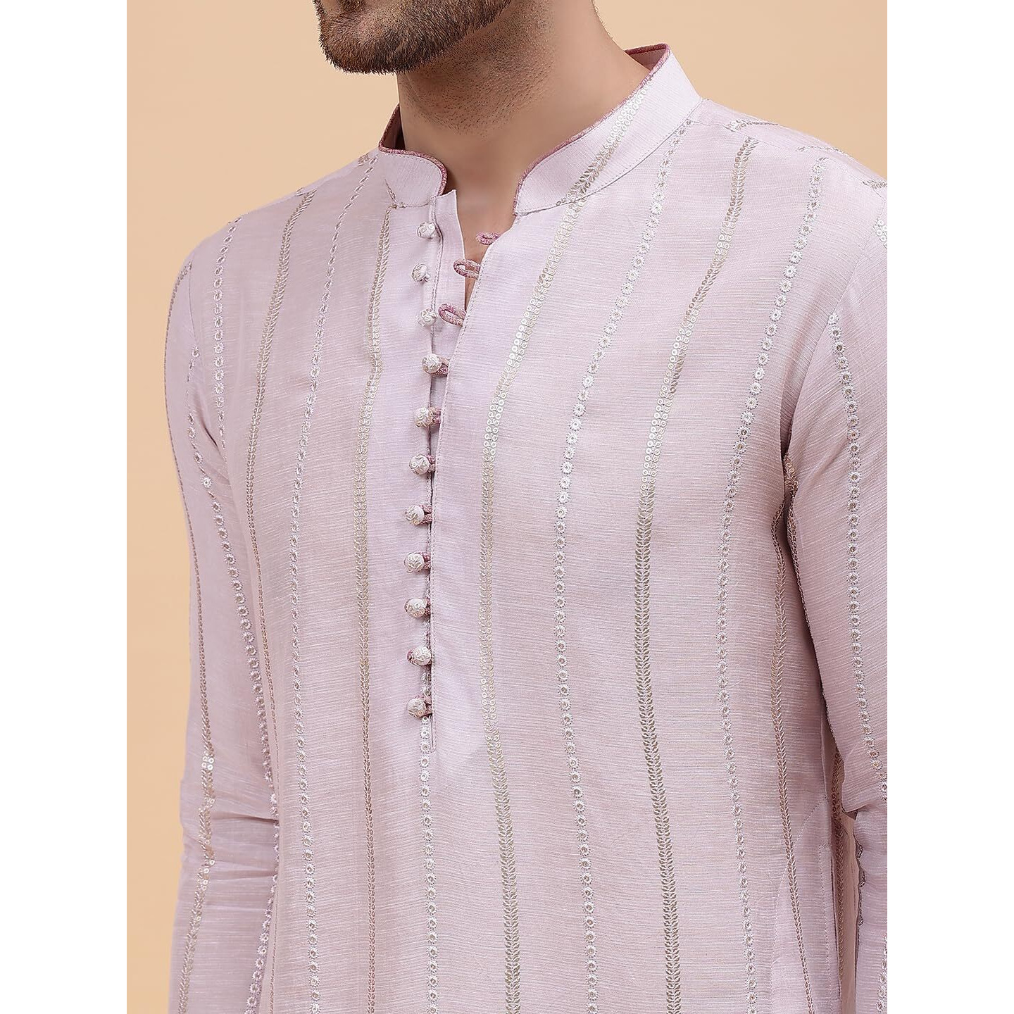 See Designs Men's Pink Zari Wark Silk Woven Design Staright Kurta Set With Pajama_Sdskt128301M