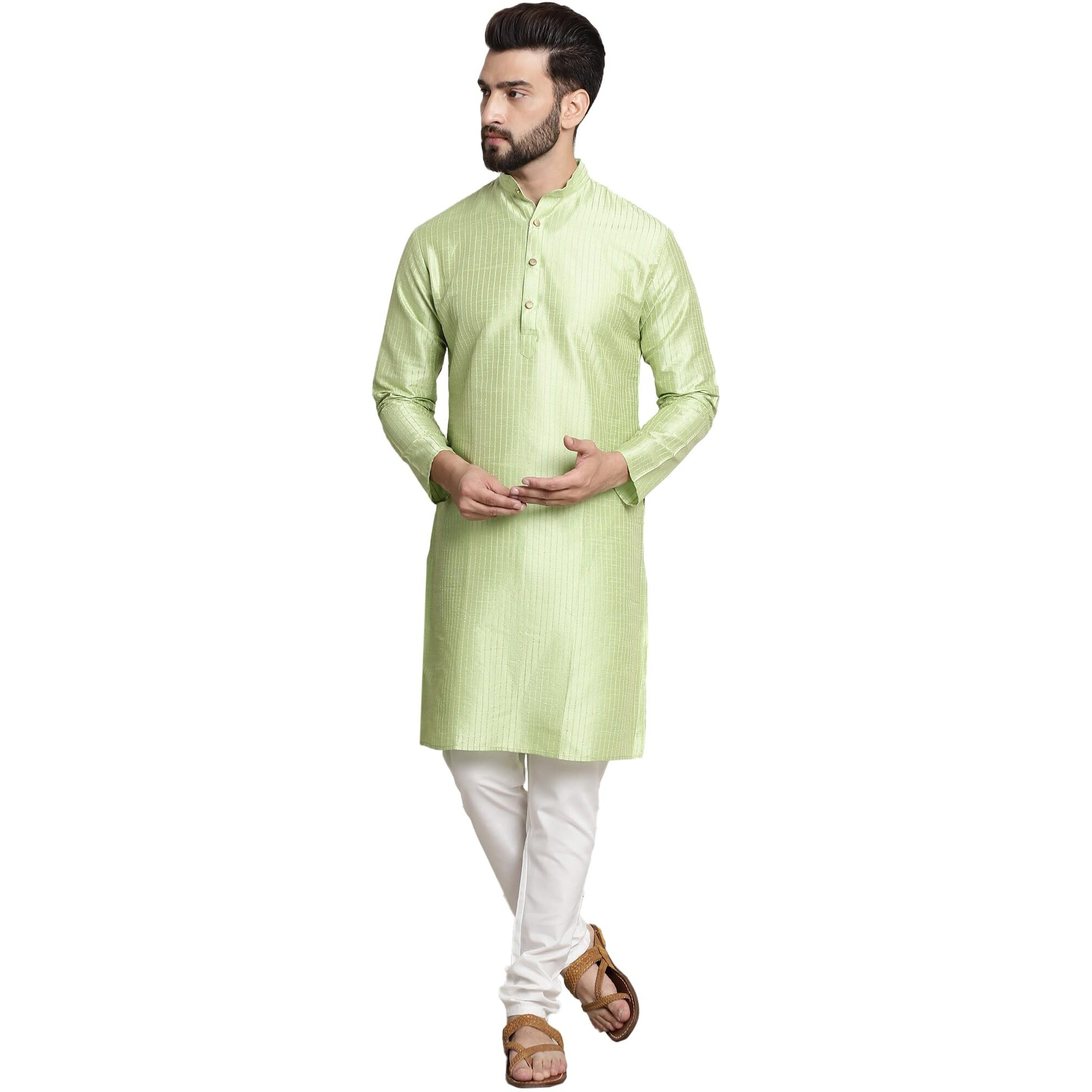Sojanya (Since 1958 Men's Silk Blend Green Pintex Kurta And White Churidar Pyjama Set