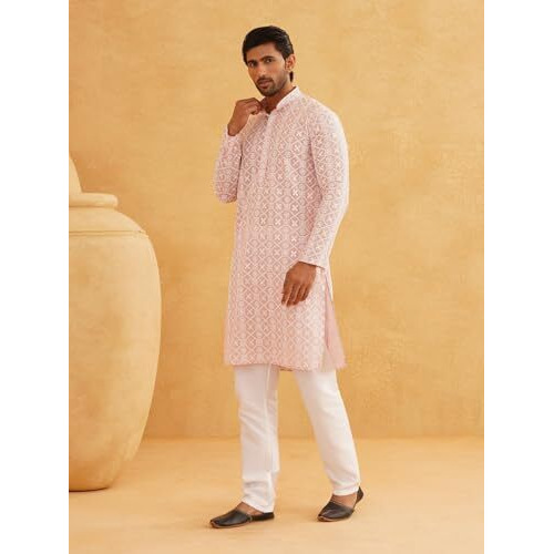 Sojanya (Since 1958 Men's Cotton Embroidered With Gold Seqence Pink Color Only Long KurtaSize-42