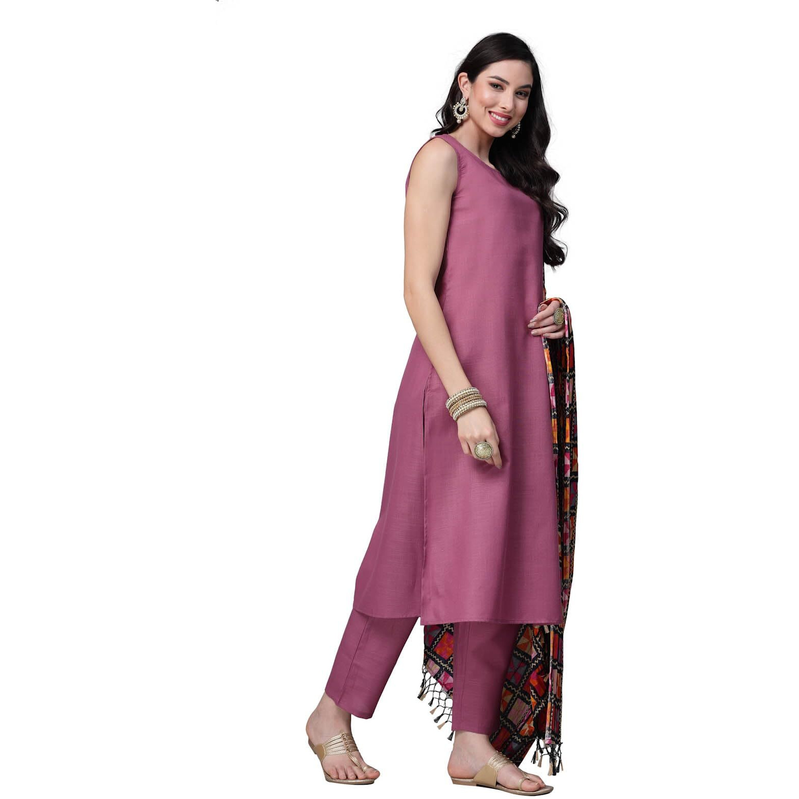 Stylum Women's Solid Cotton Blend Straight Kurta Pant Dupatta Set (Mauvebetty44_Mauve, Xxl)