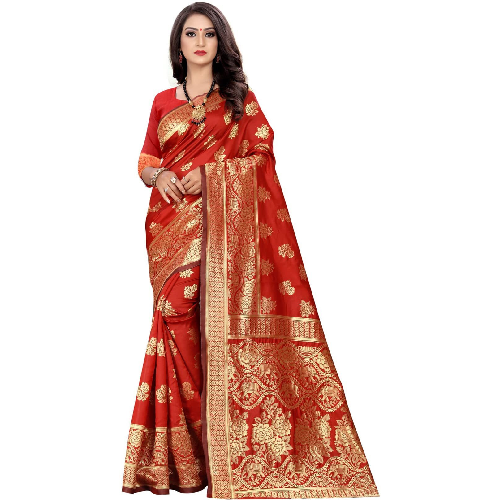 Sugathari Women's Art Silk Red Kanchipuram Saree (San Pari 63 Red)