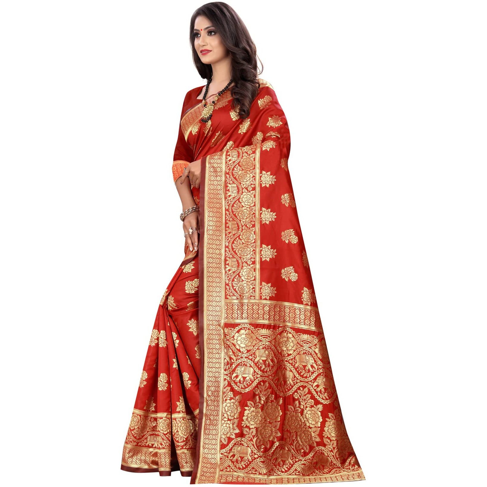Sugathari Women's Art Silk Red Kanchipuram Saree (San Pari 63 Red)