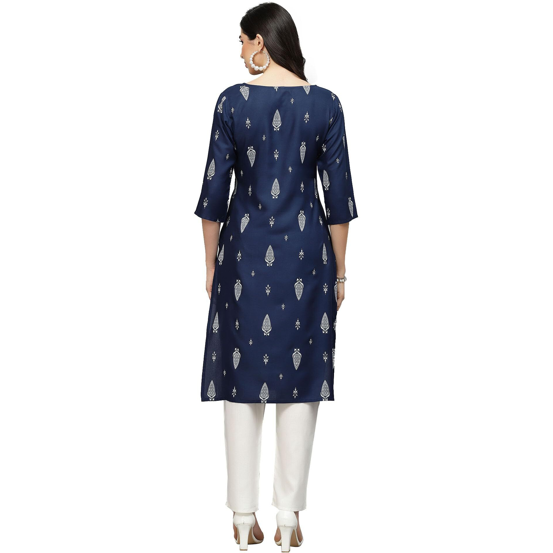 Stylum Women's Printed Rayon Straight Kurta (Navytilak36_ Navy Blue, S)