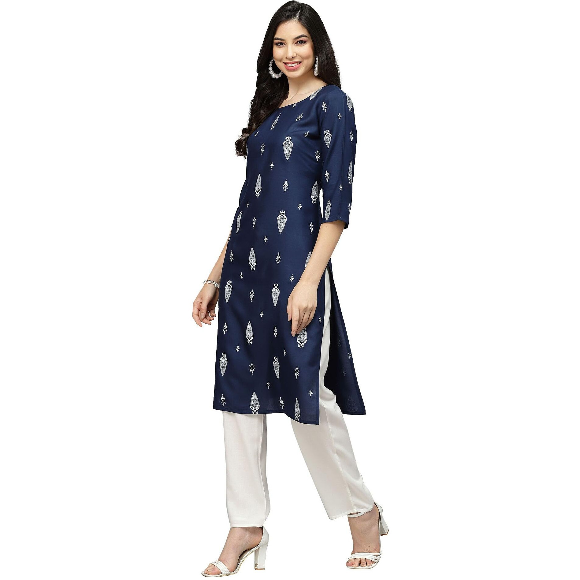Stylum Women's Printed Rayon Straight Kurta (Navytilak36_ Navy Blue, S)