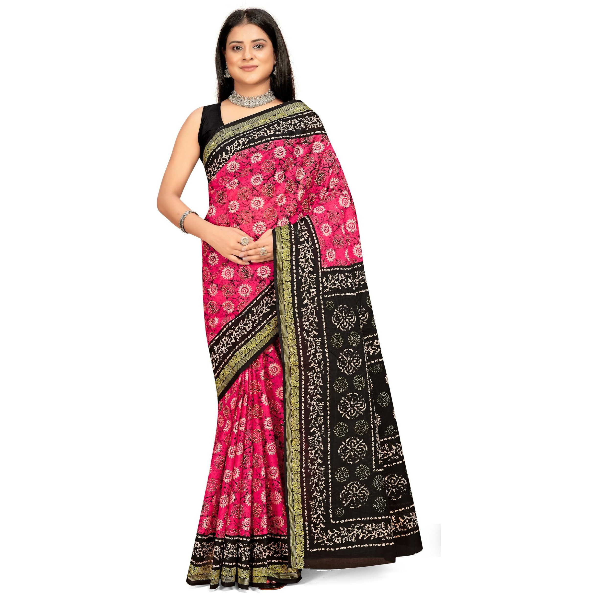 Tamaira Fashion Women's Batik Printed Pure Cotton Mulmul Saree Without Blouse Piece(2505_Pink)