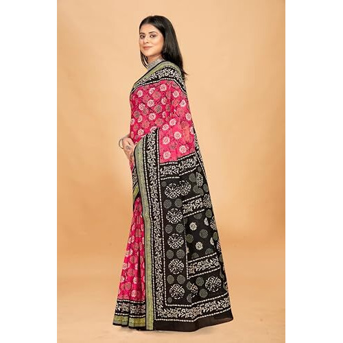 Tamaira Fashion Women's Batik Printed Pure Cotton Mulmul Saree Without Blouse Piece(2505_Pink)
