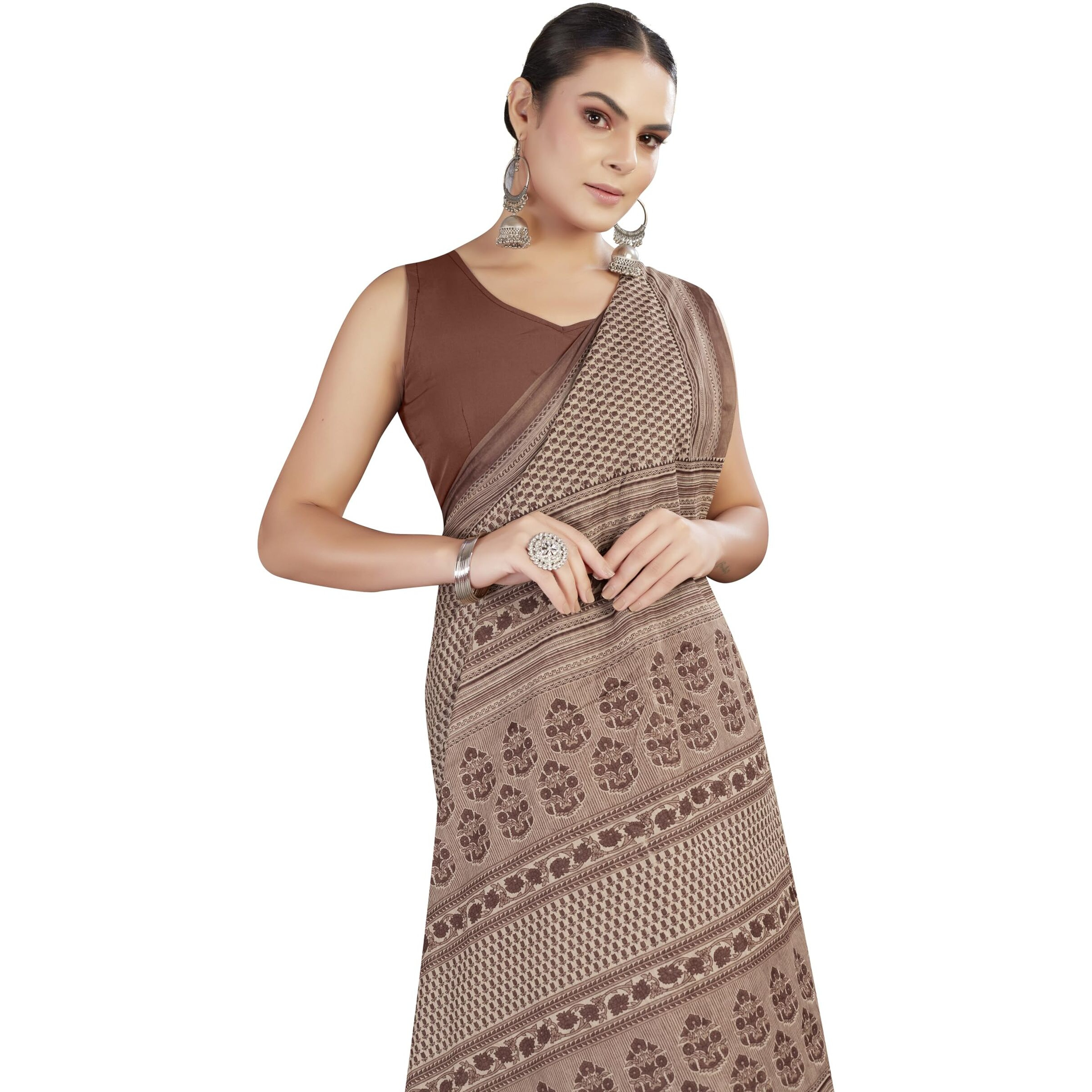 Tamaira Fashion Women's Floral Butti Printed Pure Cotton Mulmul Saree Without Blouse Piece(Ab42_Beige&Brown)