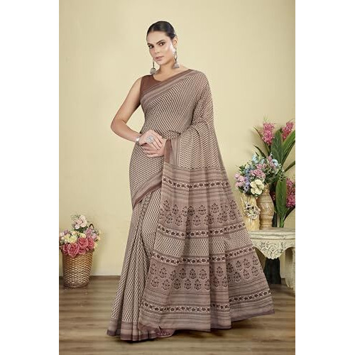 Tamaira Fashion Women's Floral Butti Printed Pure Cotton Mulmul Saree Without Blouse Piece(Ab42_Beige&Brown)