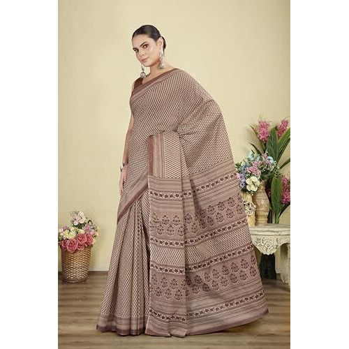 Tamaira Fashion Women's Floral Butti Printed Pure Cotton Mulmul Saree Without Blouse Piece(Ab42_Beige&Brown)