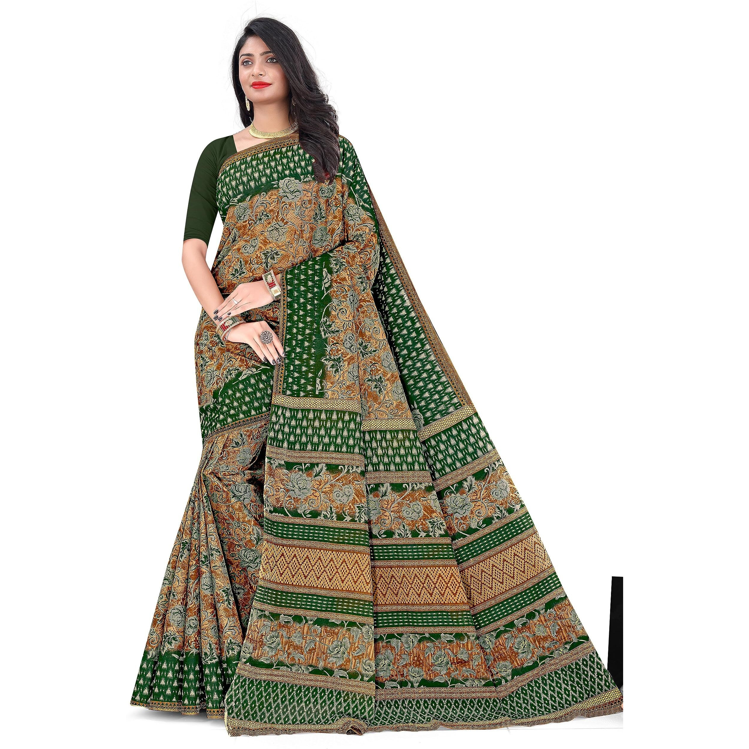 Tamaira Fashion Women's Plain Weave Floral Print Pure Cotton Saree Without Blouse Piece(11147_Beige&Sagegreen)