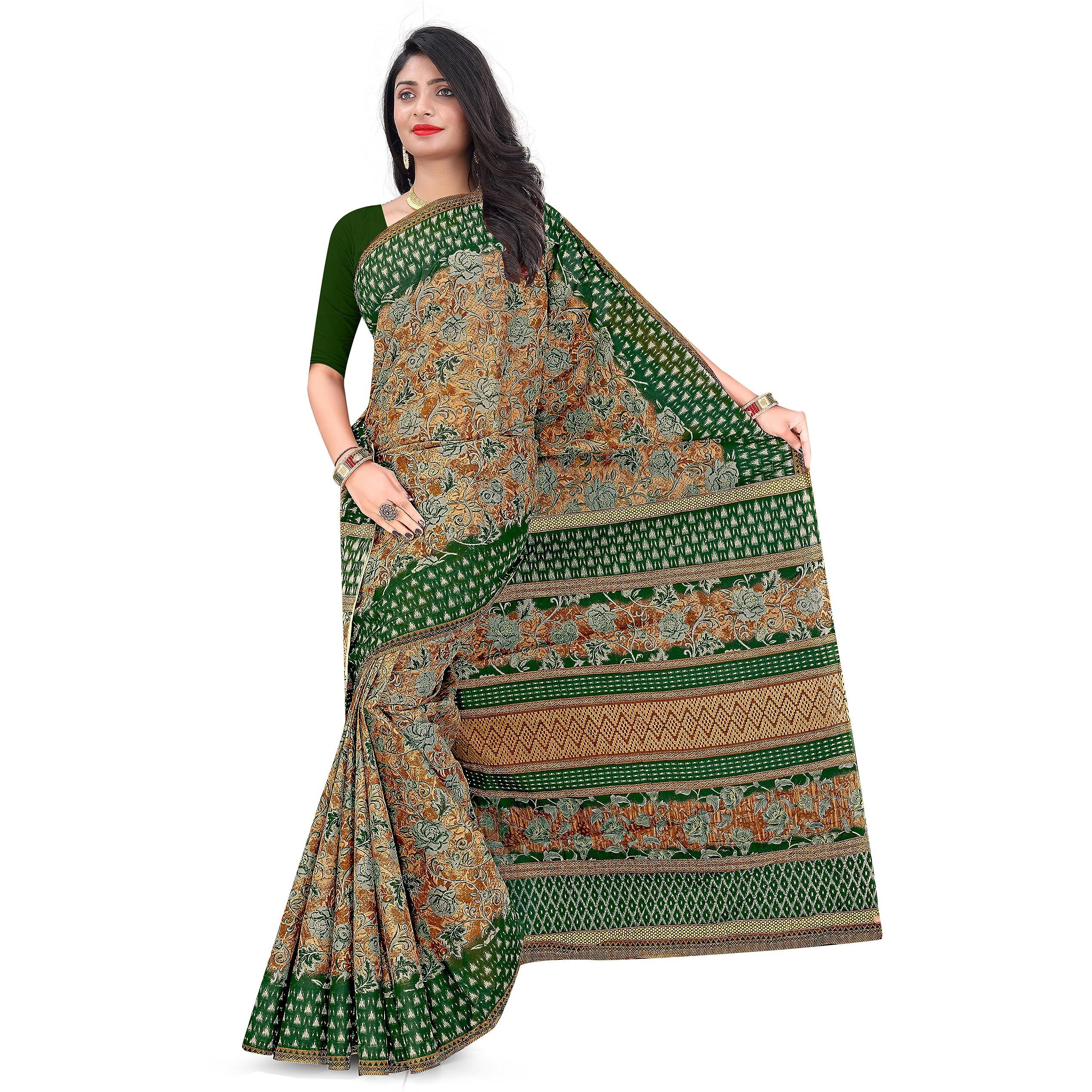 Tamaira Fashion Women's Plain Weave Floral Print Pure Cotton Saree Without Blouse Piece(11147_Beige&Sagegreen)