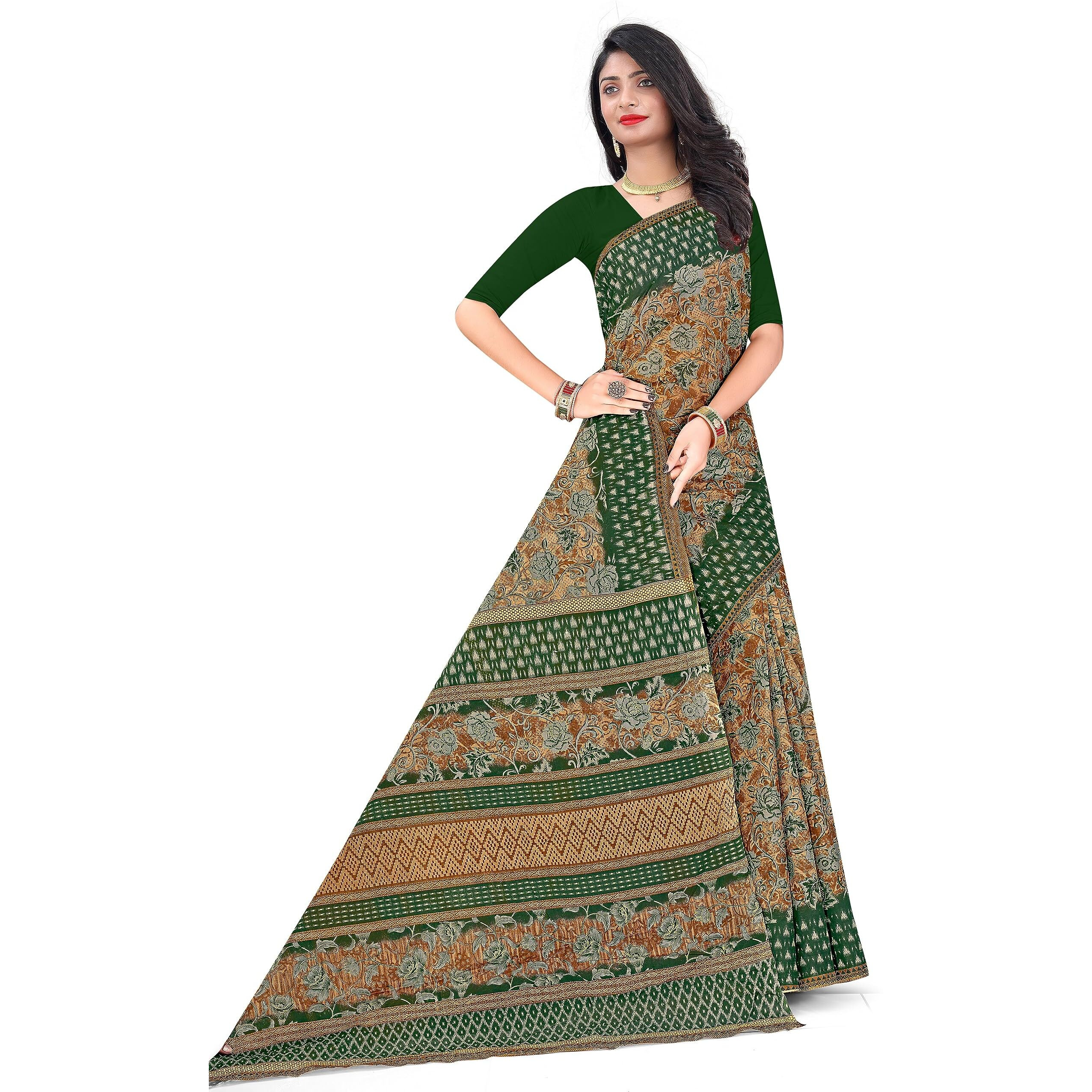 Tamaira Fashion Women's Plain Weave Floral Print Pure Cotton Saree Without Blouse Piece(11147_Beige&Sagegreen)