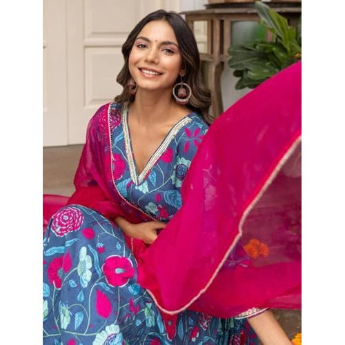 Tee Projekt Women's Cotton Blend V-Neck Anarkali Kurta Pant With Dupatta Set
