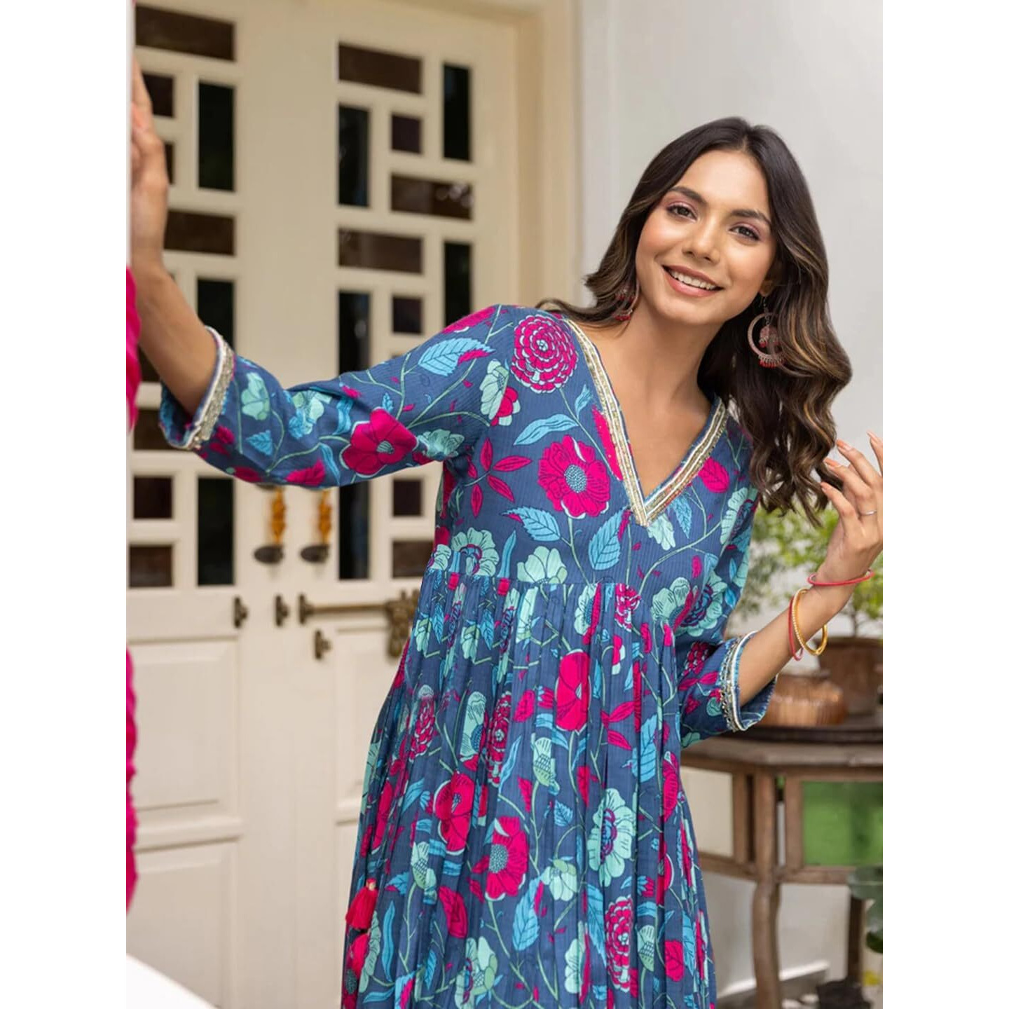 Tee Projekt Women's Cotton Blend V-Neck Anarkali Kurta Pant With Dupatta Set