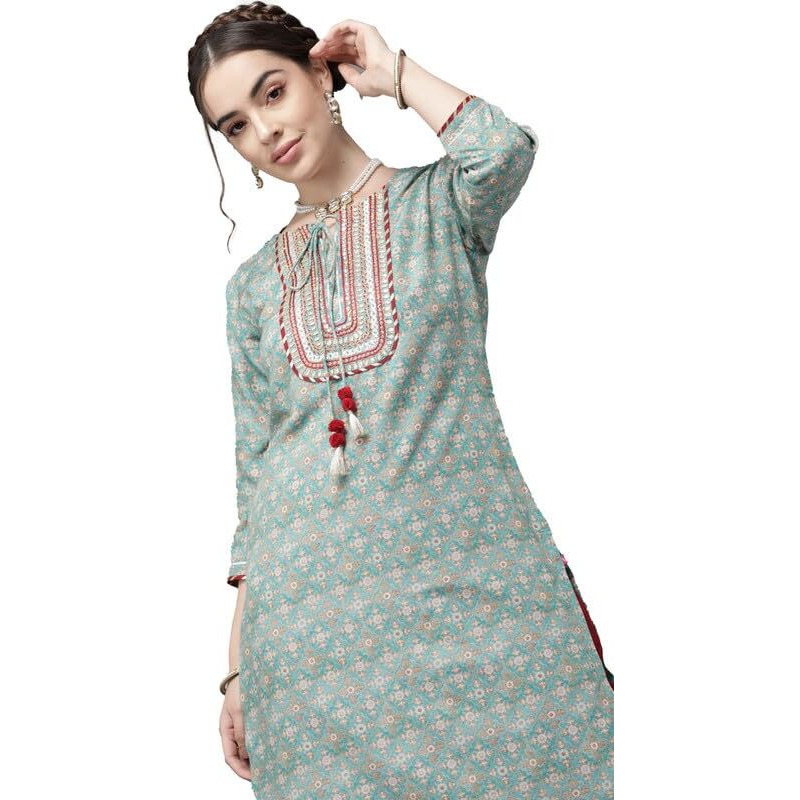 Varanga Women's Sea Green Floral Embroidered Kurta  Ethnic, Stylish & Comfortable - Perfect For Casual & Formal Occasions (Medium)