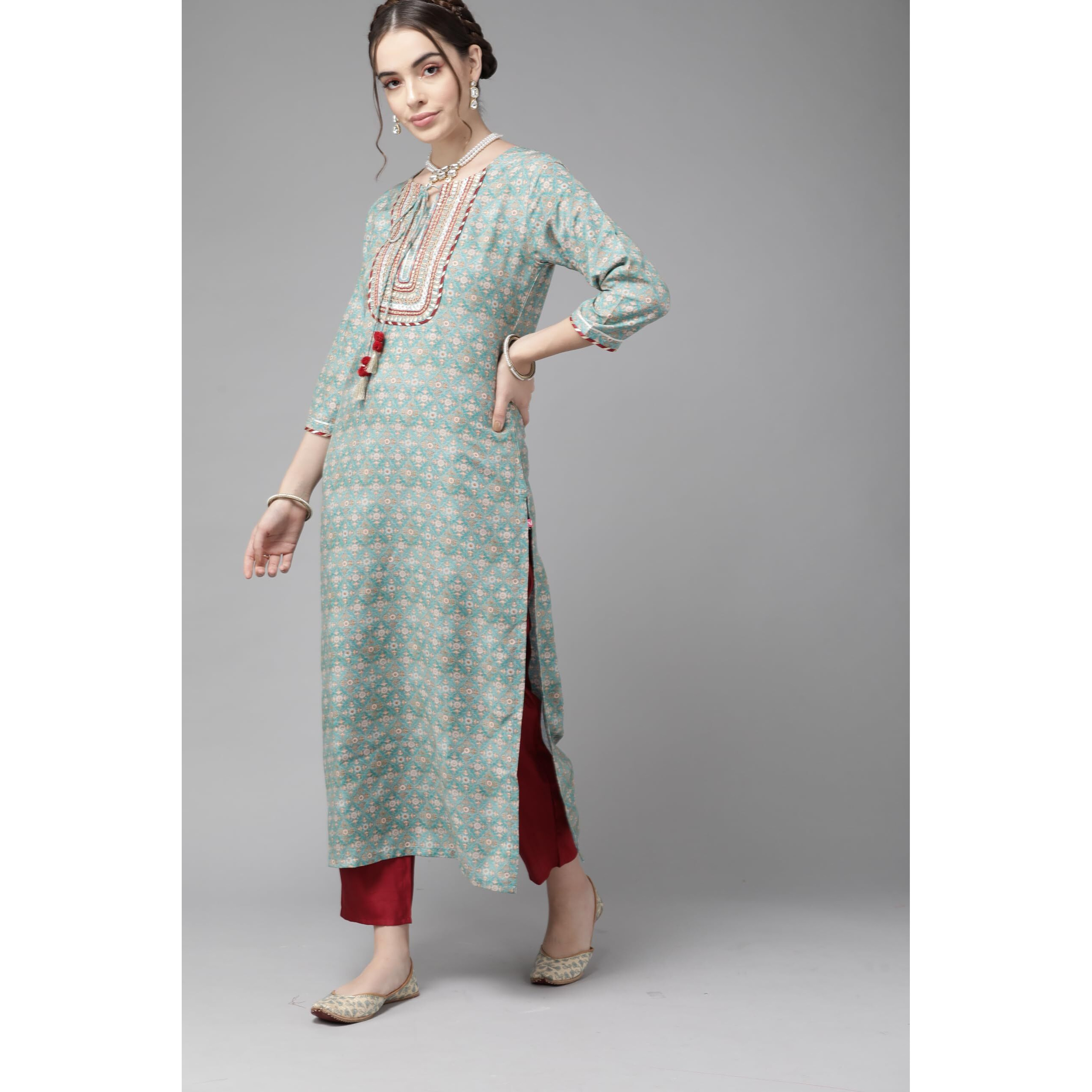 Varanga Women's Sea Green Floral Embroidered Kurta  Ethnic, Stylish & Comfortable - Perfect For Casual & Formal Occasions (Medium)
