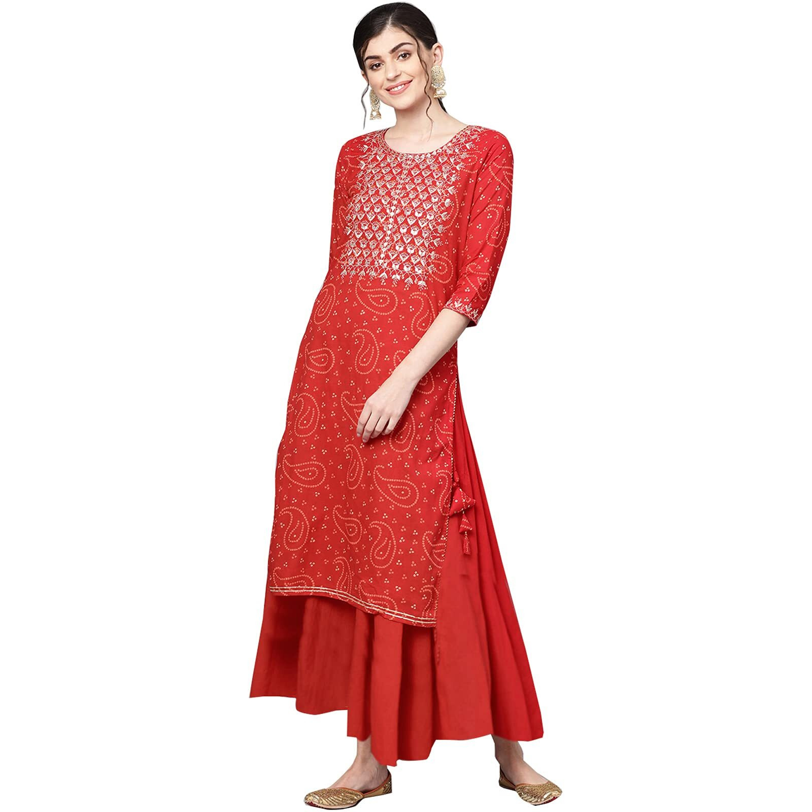 Ishin Women's Cotton Regular Kurta (Kprammp-956_S_Red_Small)