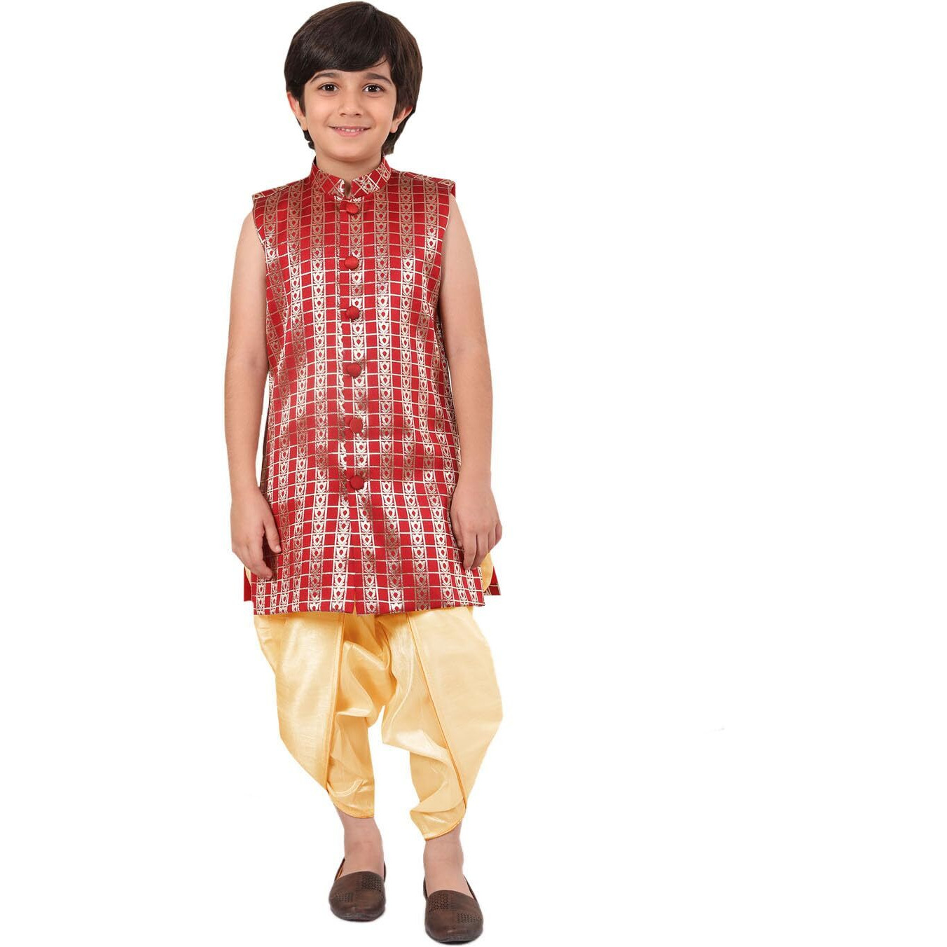 Vastramay Infant Boys' Maroon And Gold Silk Blend Kurta And Dhoti Set