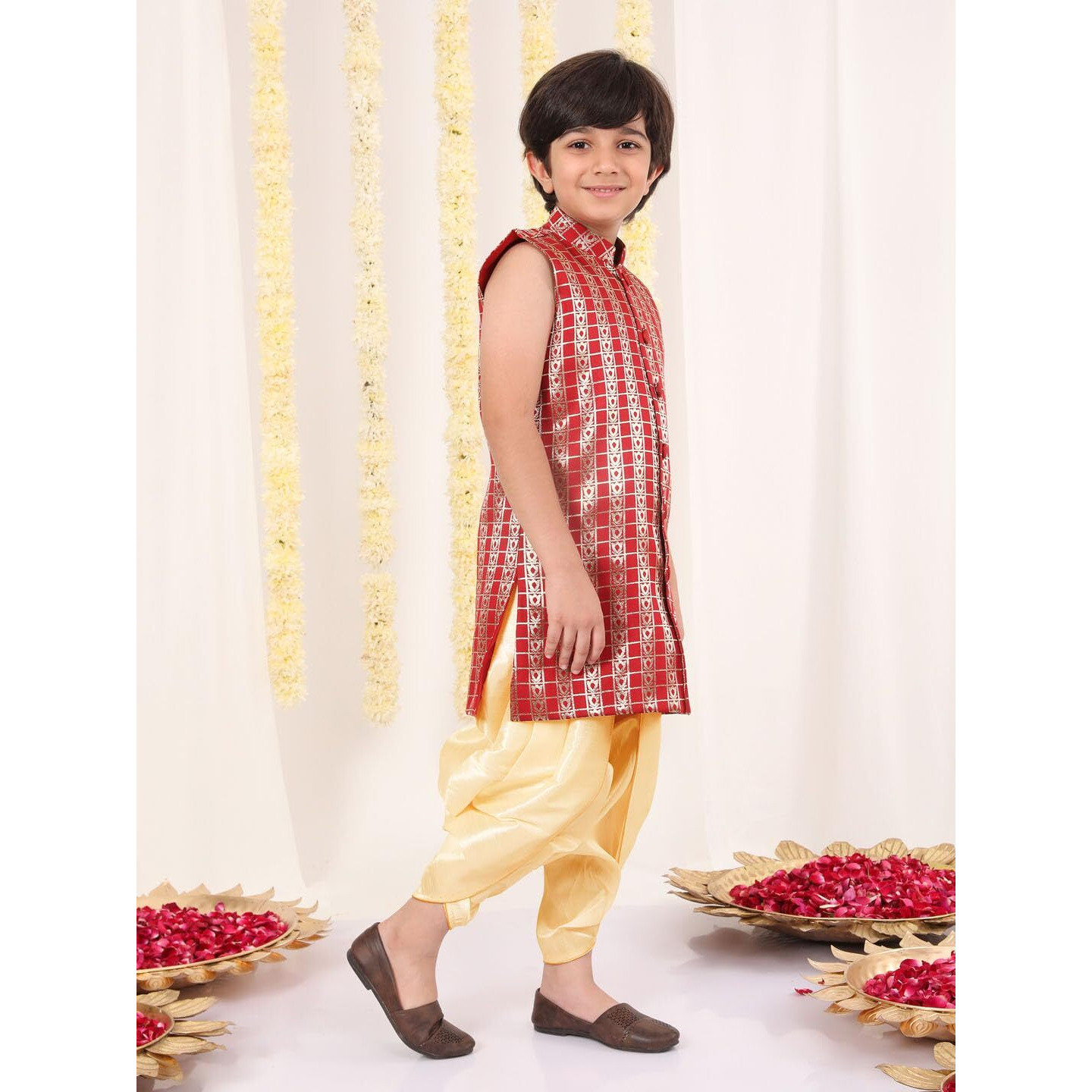 Vastramay Infant Boys' Maroon And Gold Silk Blend Kurta And Dhoti Set