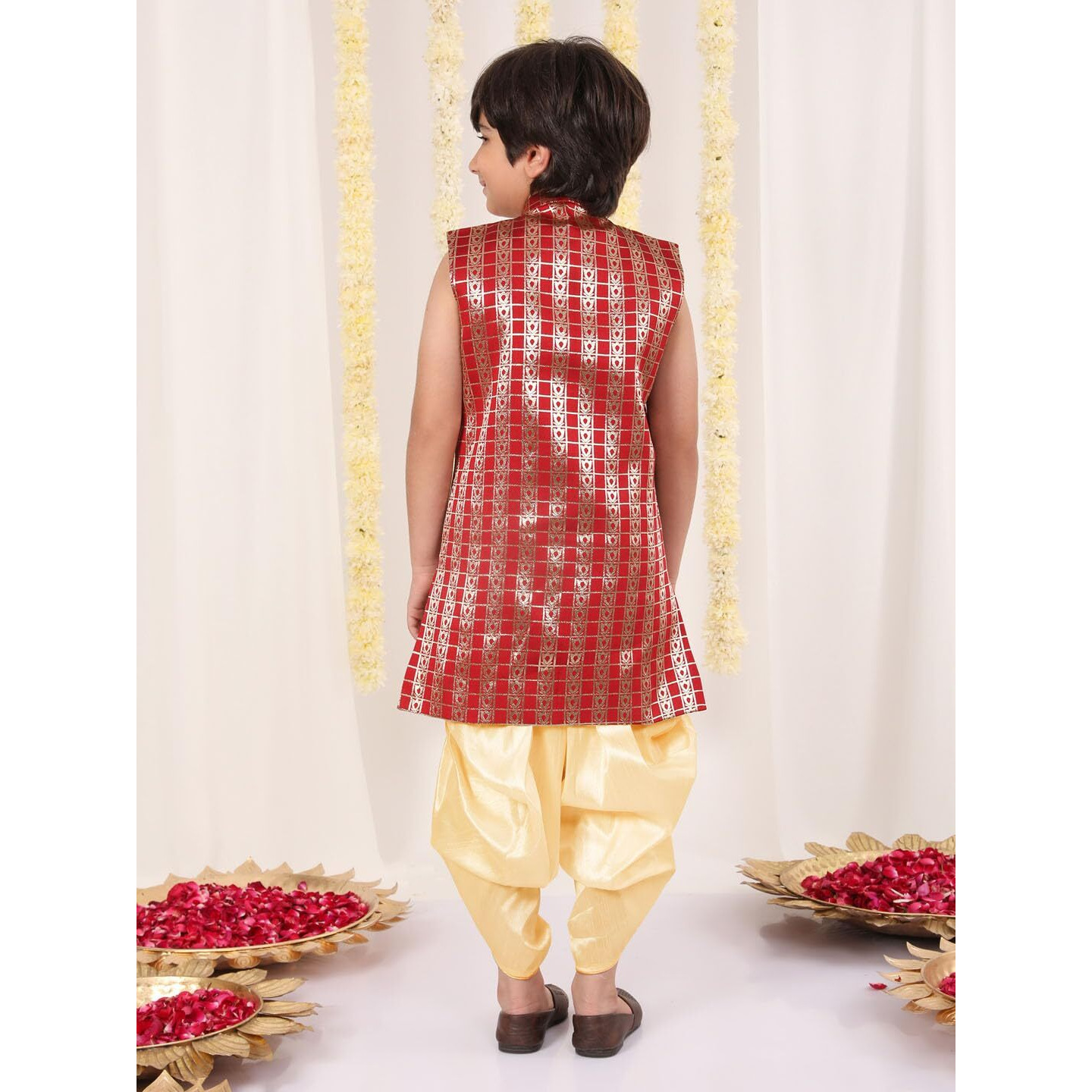 Vastramay Infant Boys' Maroon And Gold Silk Blend Kurta And Dhoti Set