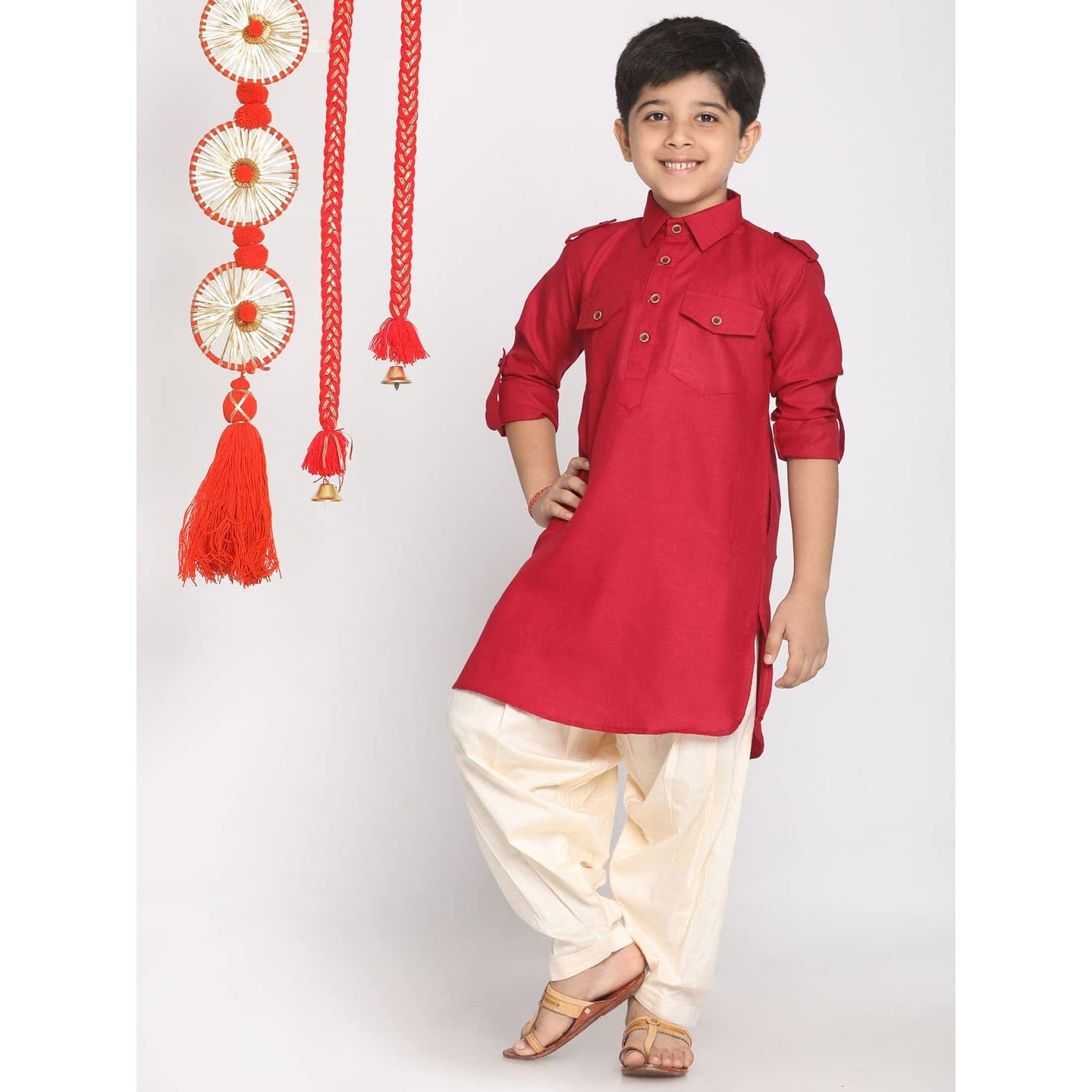 Jbn Creation Boys' Maroon Cotton Blend Pathani Suit Set