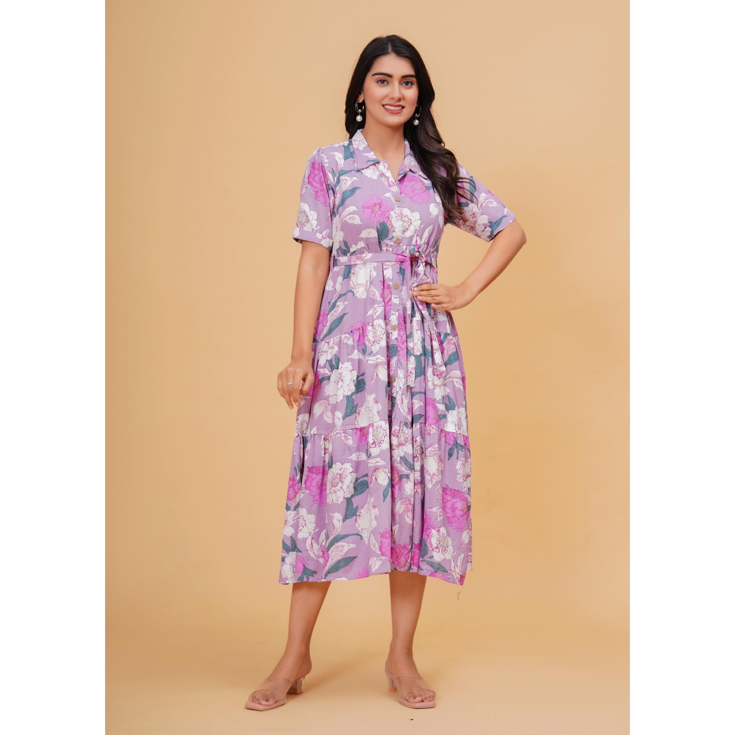 Jikonet Women's Western Dress Floral Printed Cotton Maxi Dress, (Medium, Pink)