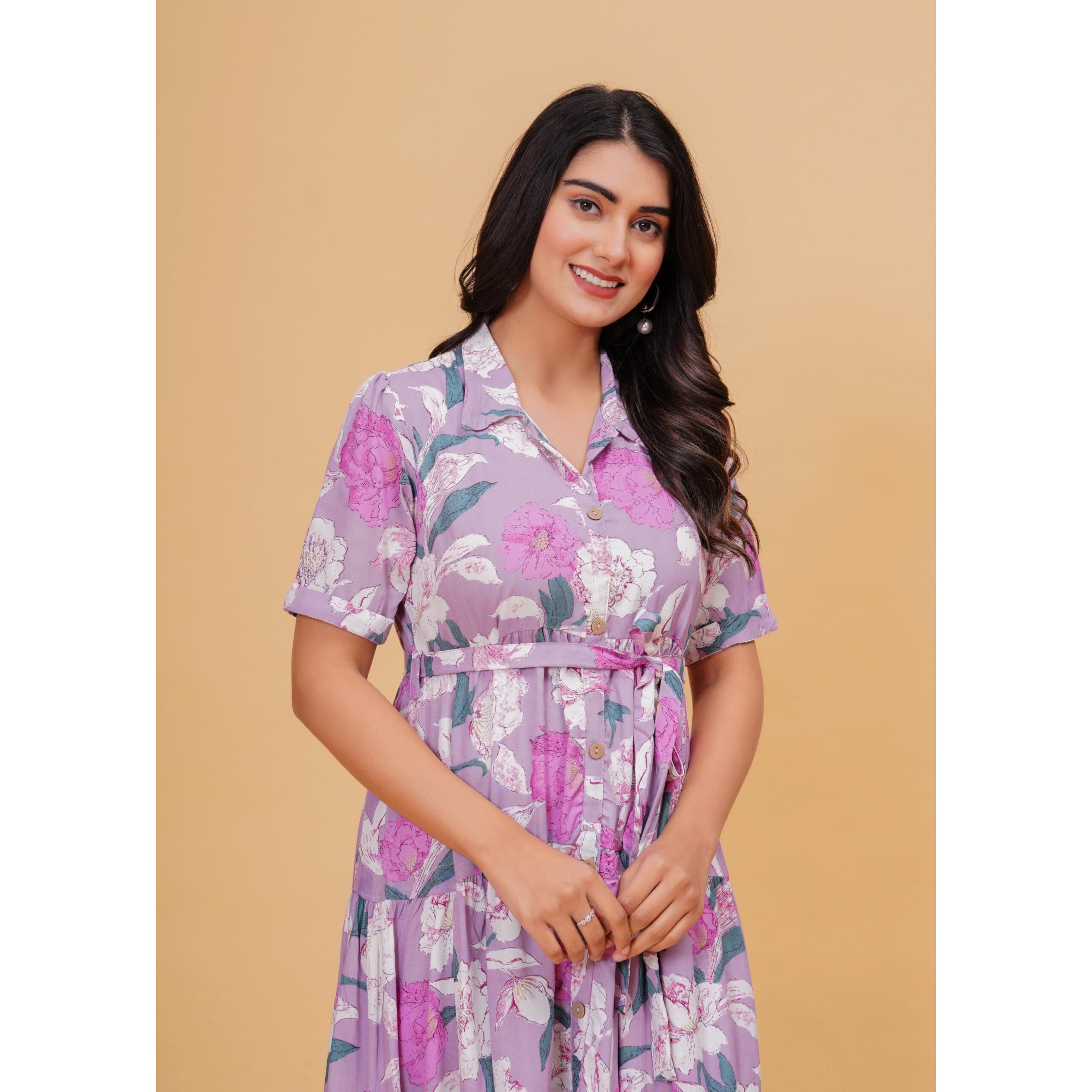 Jikonet Women's Western Dress Floral Printed Cotton Maxi Dress, (Medium, Pink)