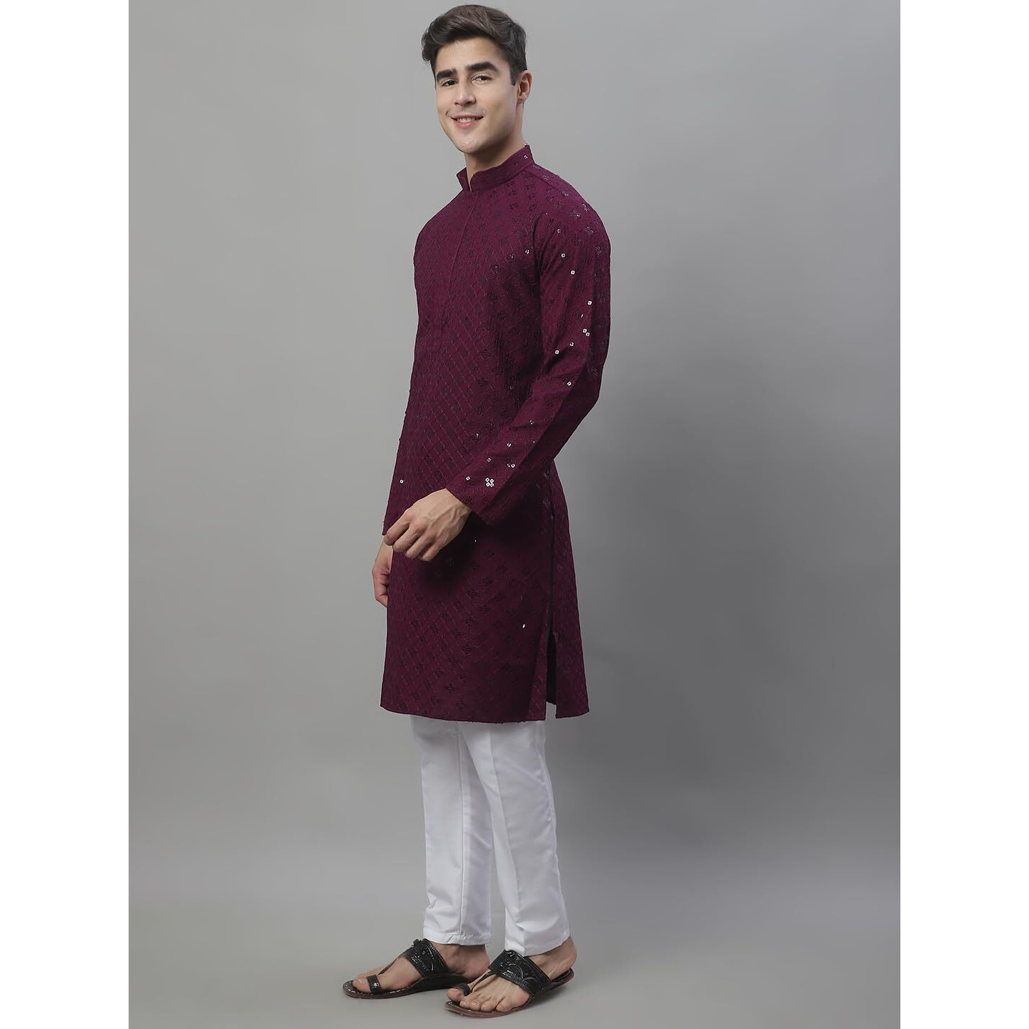 Jompers Men's Chikankari Embroidered And Sequence Kurta With Pyjama (Purple, M)