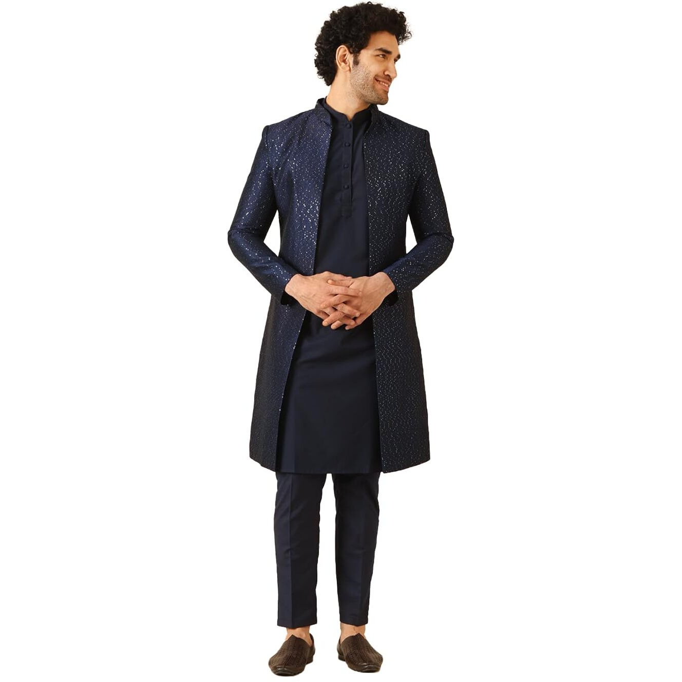 Kisah Sherwani Set For Men  Jacquard Woven Design Indo Western Sherwani With Kurta And Trouser | Designer Ethnic Outfit For Weddings & Festivals, Navy Blue, 42