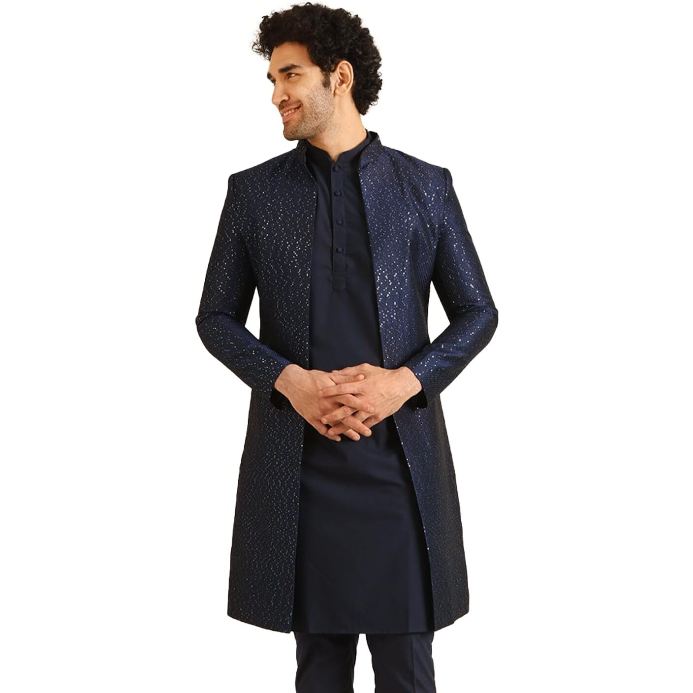 Kisah Sherwani Set For Men  Jacquard Woven Design Indo Western Sherwani With Kurta And Trouser | Designer Ethnic Outfit For Weddings & Festivals, Navy Blue, 42