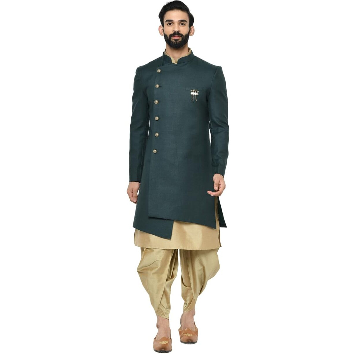 Kisah Men's Kurta Sherwani Churidar Set Indo-Western, Green Silk Blend, Woven Design Regular Fit Mandarin Collar Full Sleeves (38)